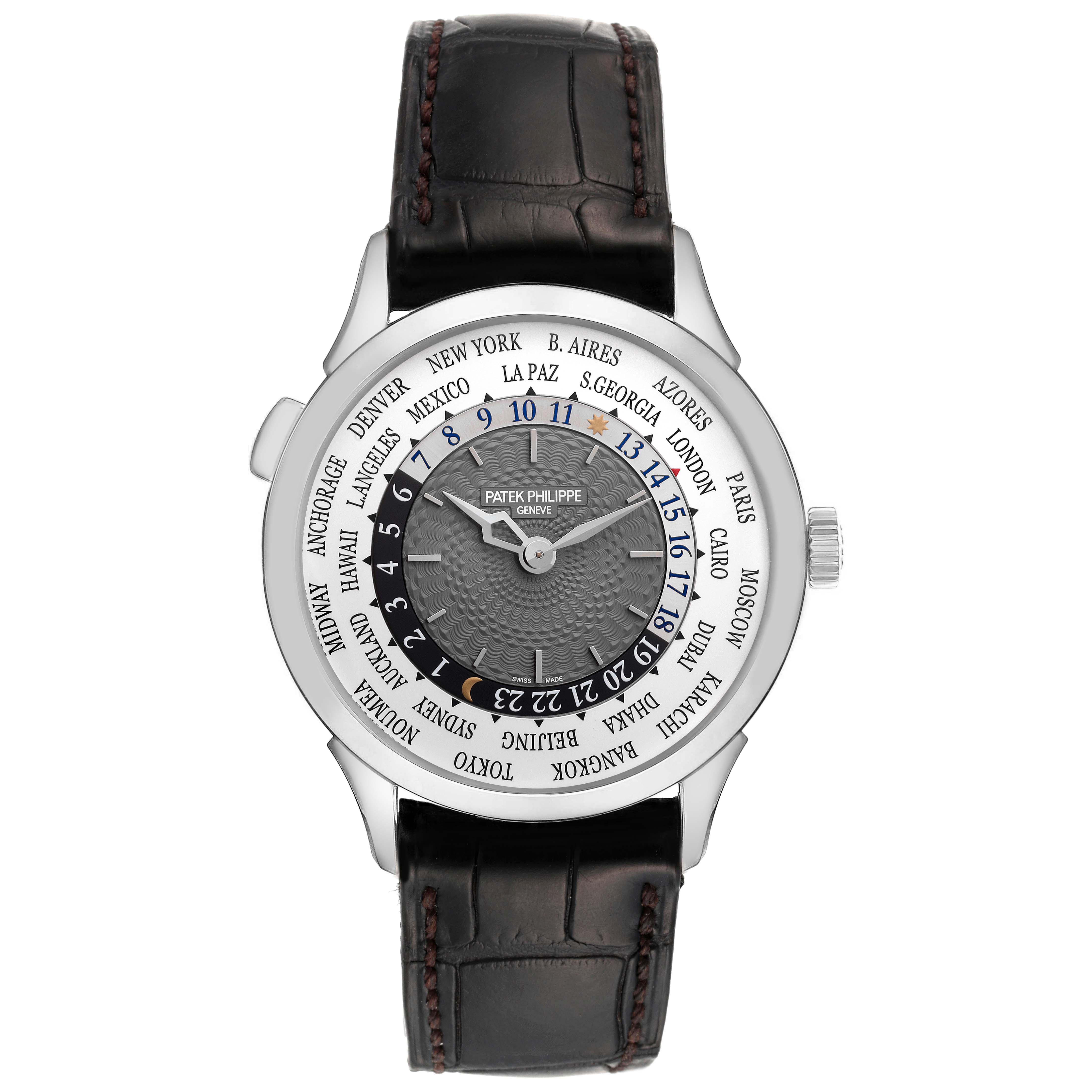 This image shows a front view of a Patek Philippe Complications 5230G-001 Men's White Gold Grey Dial 5230G-001 Men's White Gold Grey Dial watch displaying the face and straps.