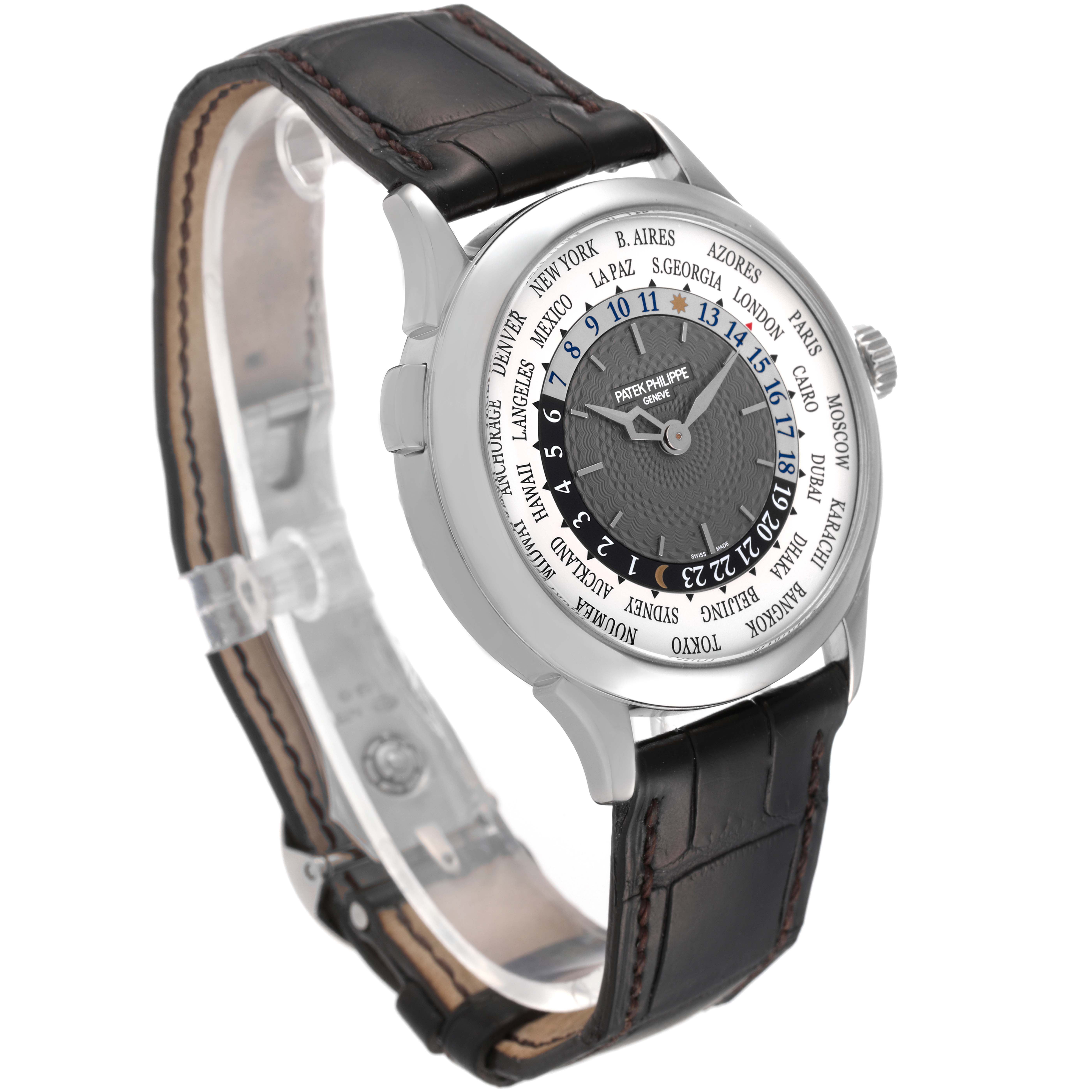 This image shows a Patek Philippe Complications 5230G-001 Men's White Gold Grey Dial 5230G-001 Men's White Gold Grey Dial model watch from a front angle, highlighting its dial and strap.