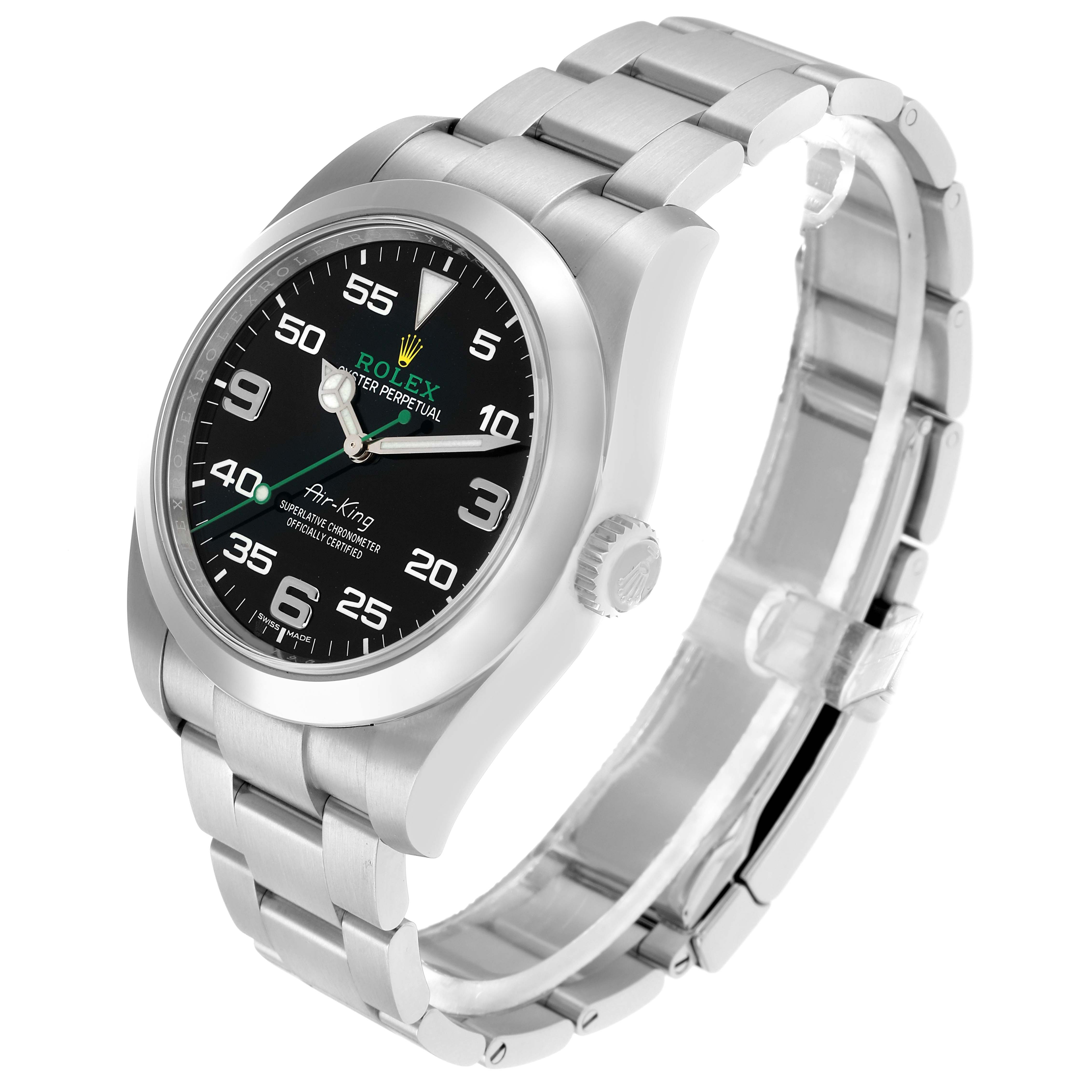 The Rolex Air-King 116900 Men
s Stainless Steel Black Dial watch is shown at a three-quarter angle, displaying the face, bezel, crown, and part of the bracelet.