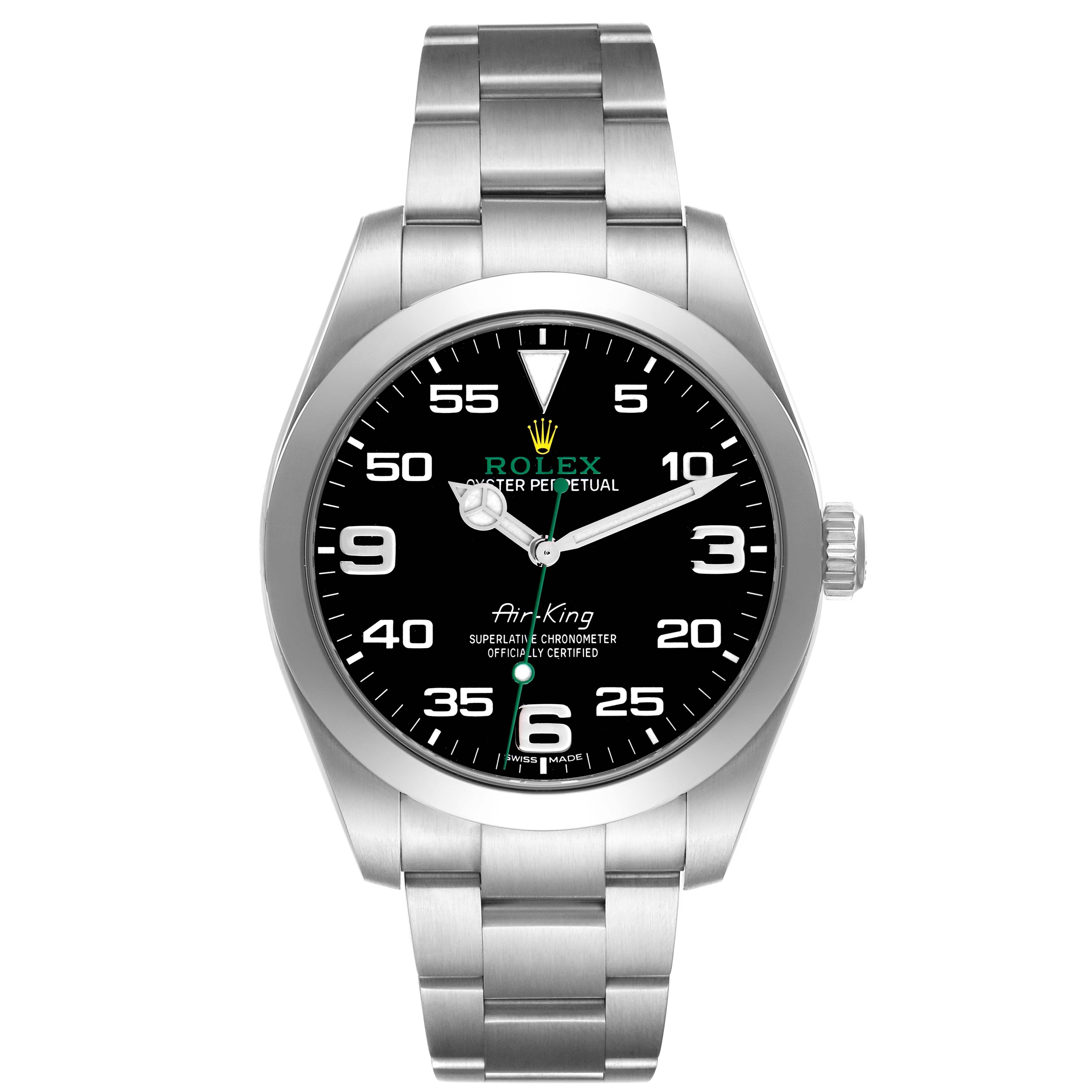 The Rolex Air-King 116900 Men
s Stainless Steel Black Dial watch is shown from the front, displaying the dial, bezel, bracelet, and crown.