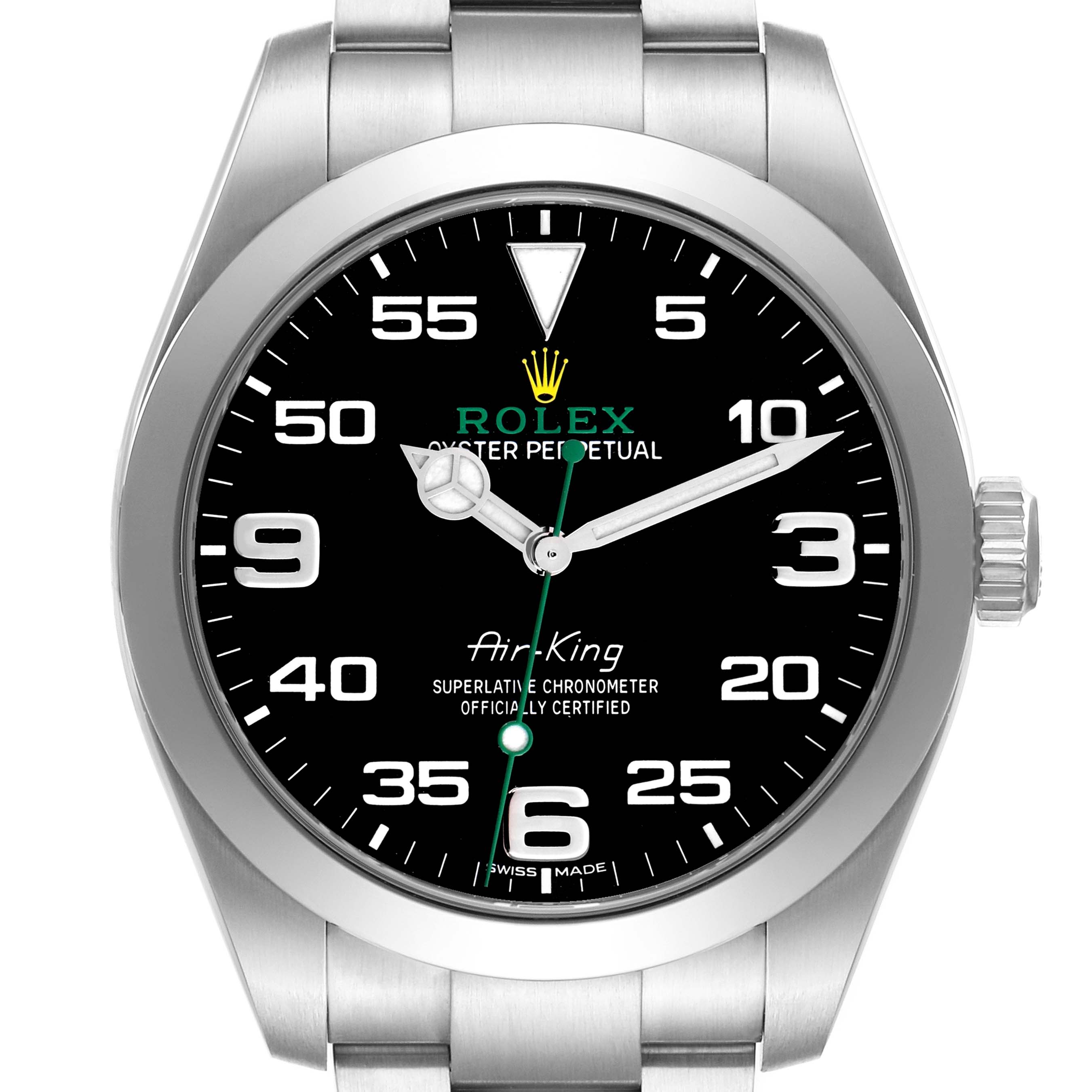 The Rolex Air-King 116900 Men
s Stainless Steel Black Dial watch is shown from a front angle, displaying the dial, case, and part of the bracelet.