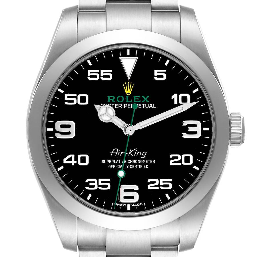 The Rolex Air-King 116900 Men's Stainless Steel Black Dial watch is shown from a front angle, displaying the dial, case, and part of the bracelet.