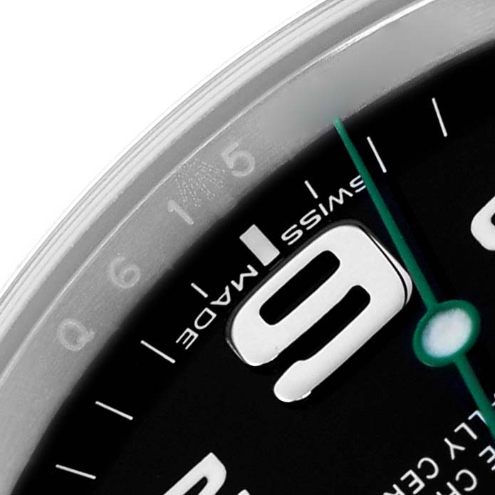 The image shows a close-up of the dial of the Rolex Air-King 116900 Men
s Stainless Steel Black Dial, highlighting the numeral 
9,
 minute markers, and the second hand.