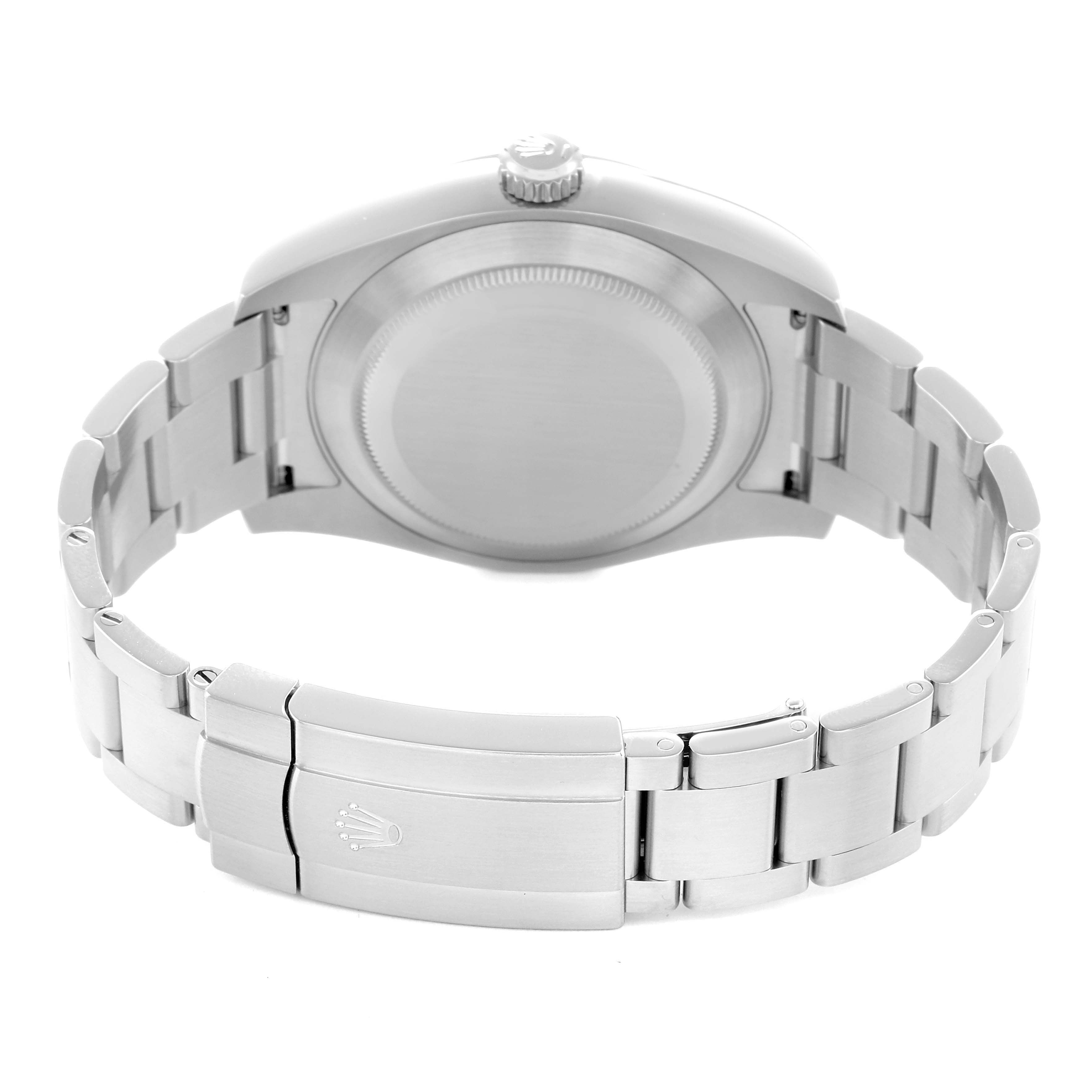 This image shows the back view of the Rolex Air-King 116900 Men
s Stainless Steel Black Dial watch, highlighting its case and bracelet.