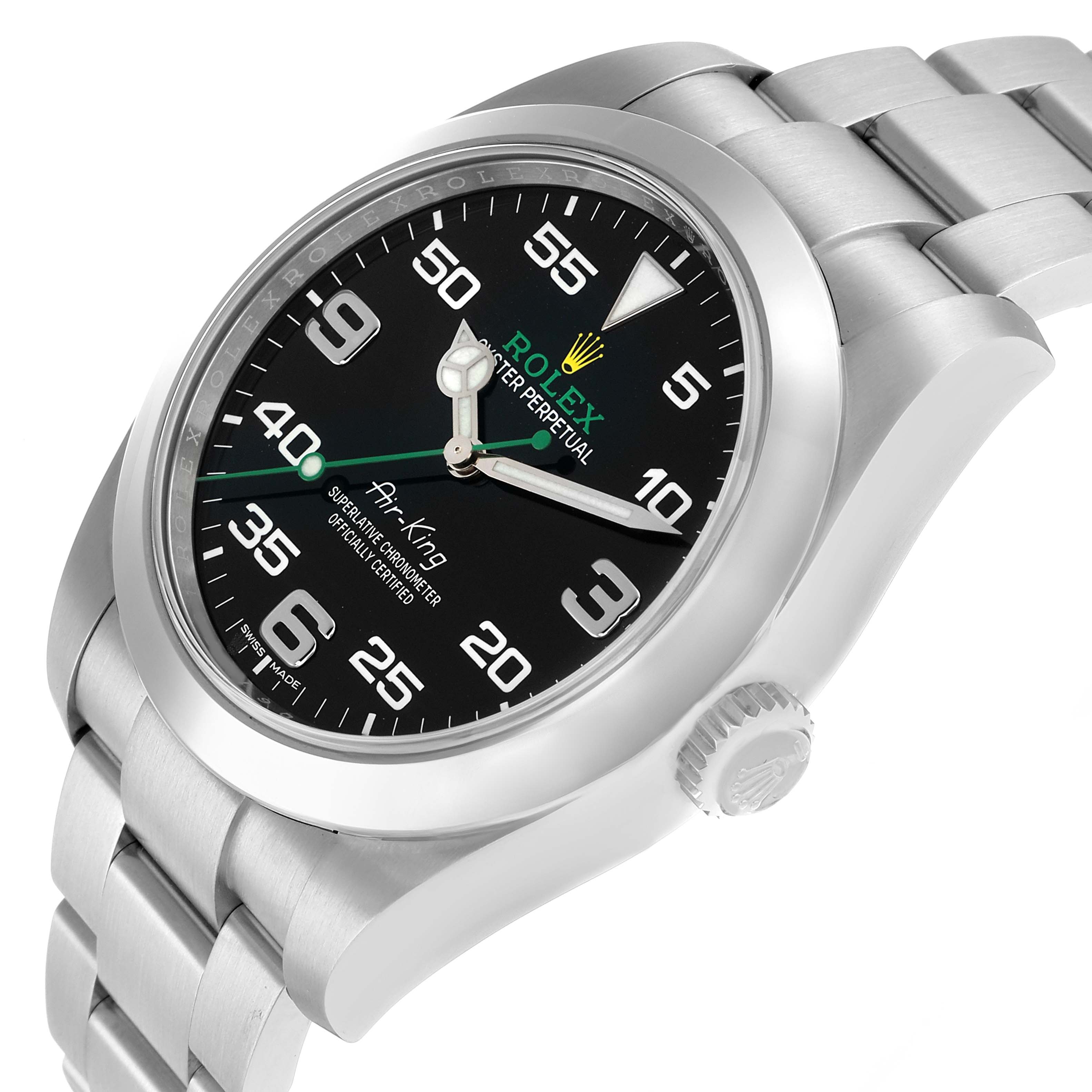 The Rolex Air-King 116900 Men
s Stainless Steel Black Dial watch is shown at a three-quarter angle, displaying the black dial, bezel, crown, and a portion of the bracelet.