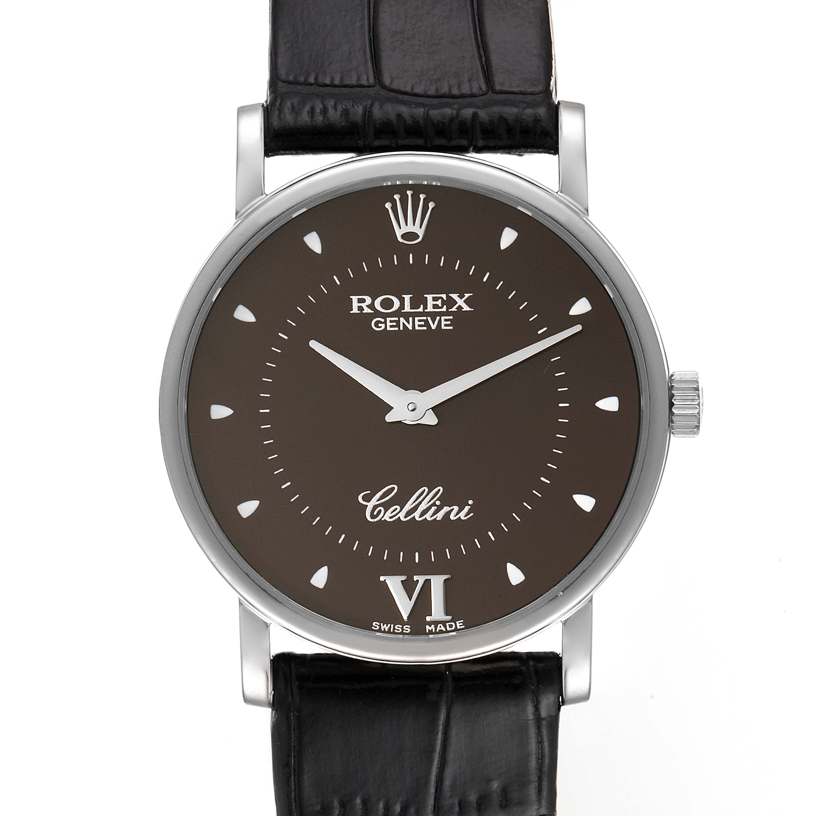 This image shows a front view of a Rolex Cellini 5115 Men's White Gold Brown Dial 5115 Men's White Gold Brown Dial watch, highlighting its brown dial, silver hands, and black leather strap.