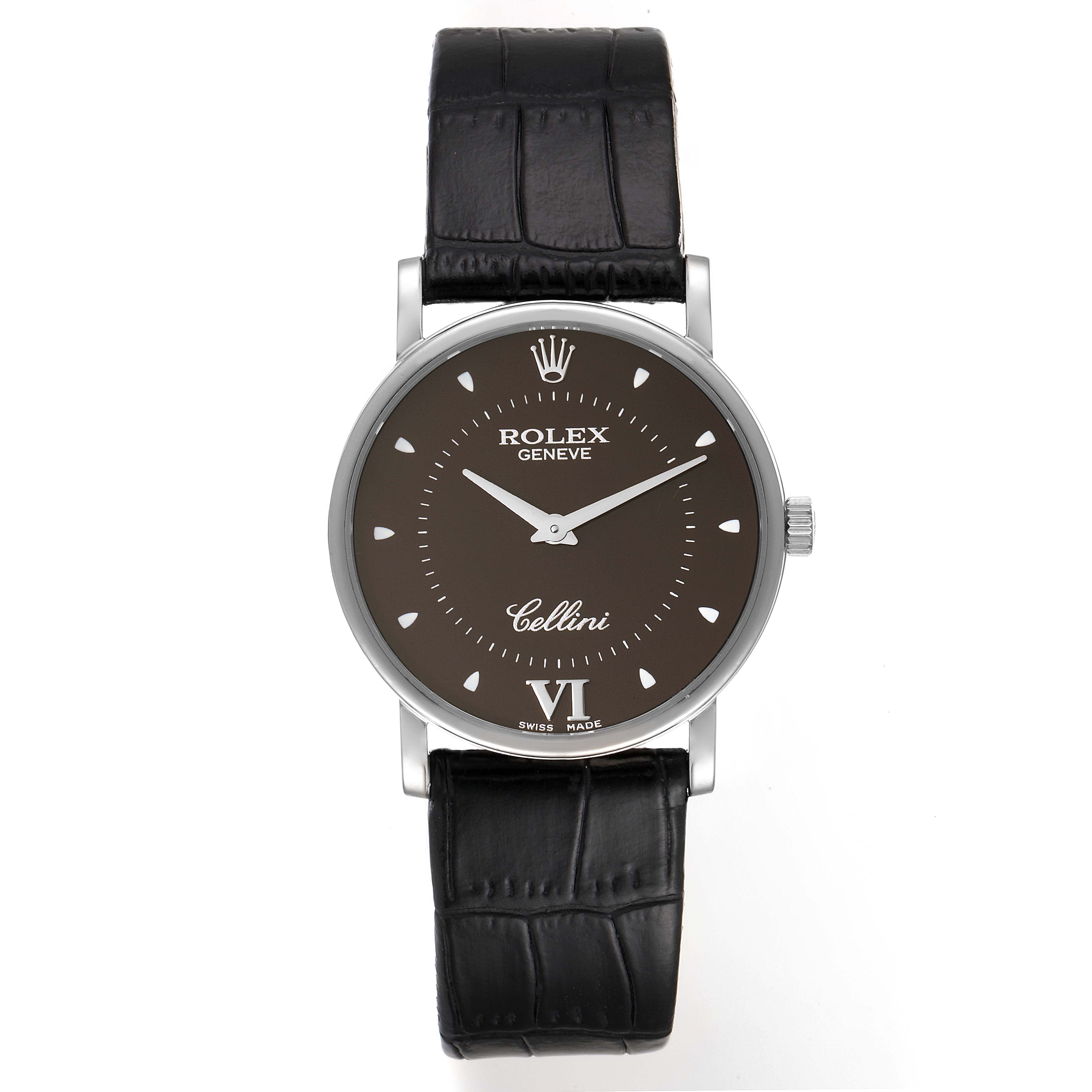 The image shows a front view of a Rolex Cellini 5115 Men's White Gold Brown Dial 5115 Men's White Gold Brown Dial watch, highlighting its black leather strap, dial, and crown.