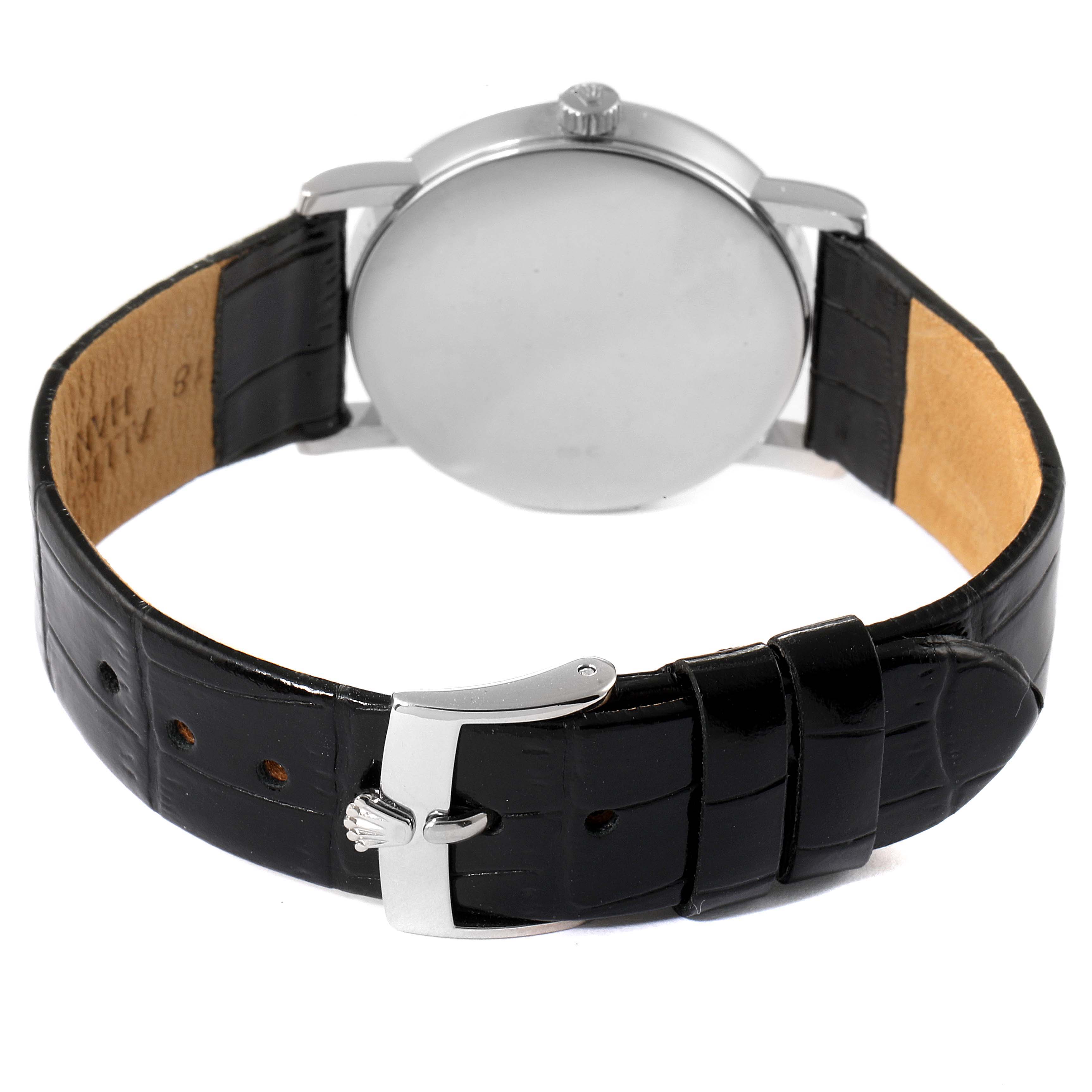 This image shows the back side of a Rolex Cellini 5115 Men's White Gold Brown Dial 5115 Men's White Gold Brown Dial watch, highlighting the strap and clasp.