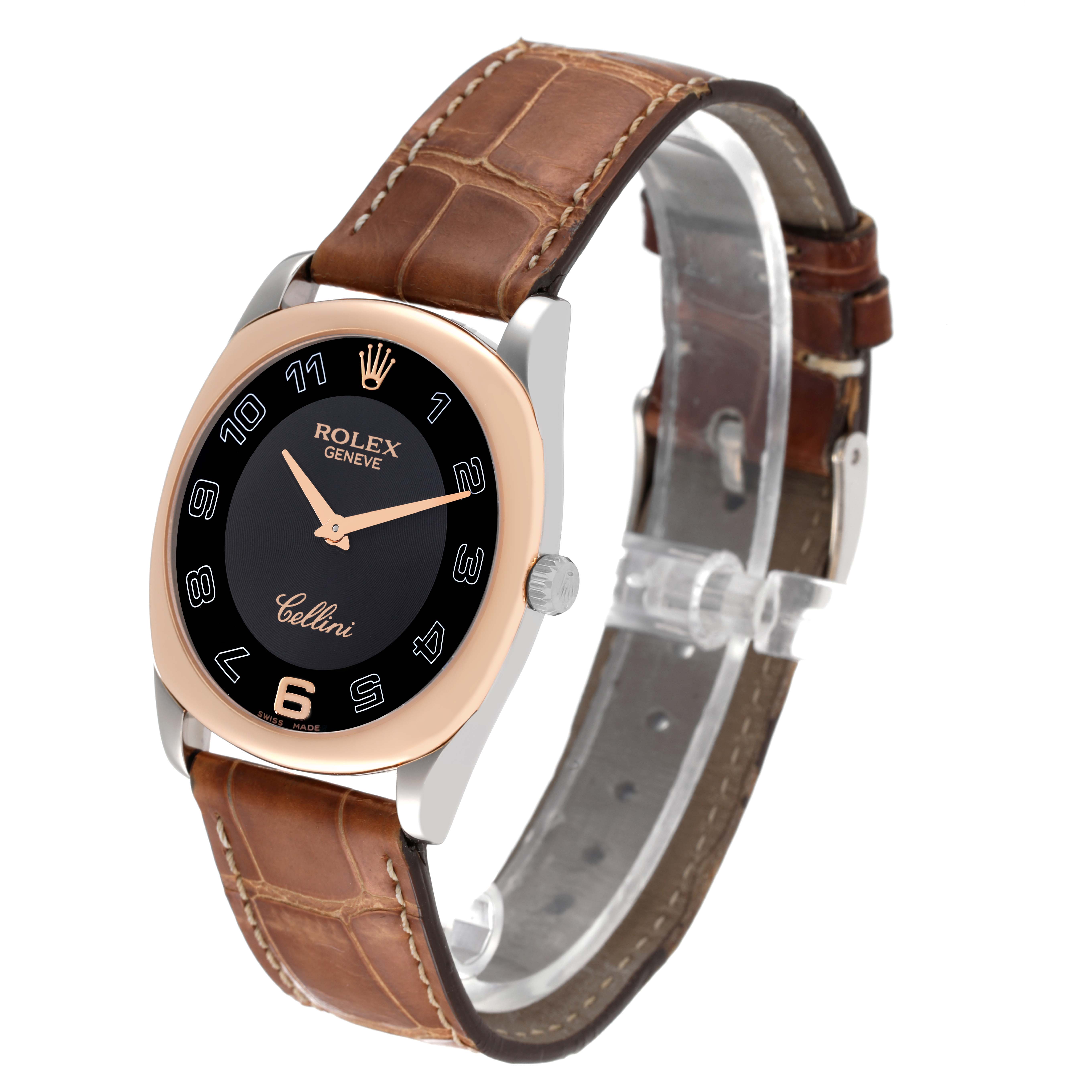 The image shows a Rolex Cellini 4233 Men's Rose Gold Black Dial 4233 Men's Rose Gold Black Dial watch at a three-quarter angle, displaying the face, case, crown, and leather strap.