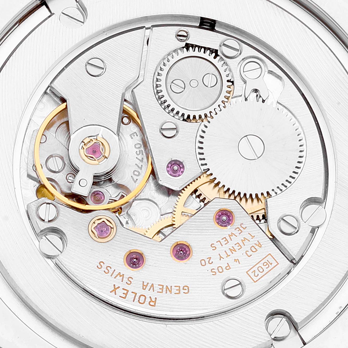 This image shows a close-up of the movement parts of a Rolex Cellini 4233 Men's Rose Gold Black Dial 4233 Men's Rose Gold Black Dial model watch.