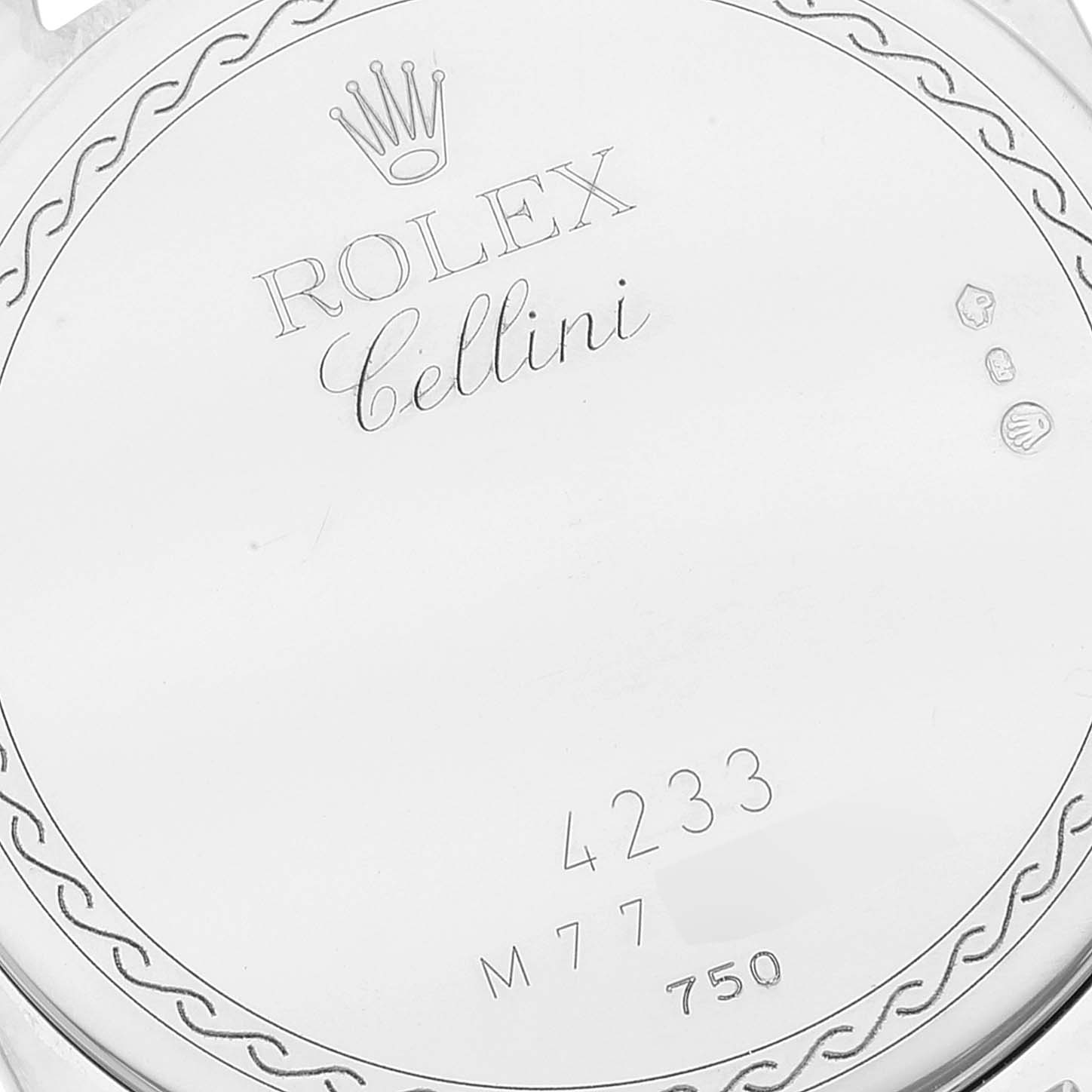 The image shows the case back of a Rolex Cellini 4233 Men's Rose Gold Black Dial 4233 Men's Rose Gold Black Dial watch, viewed from a direct overhead angle.