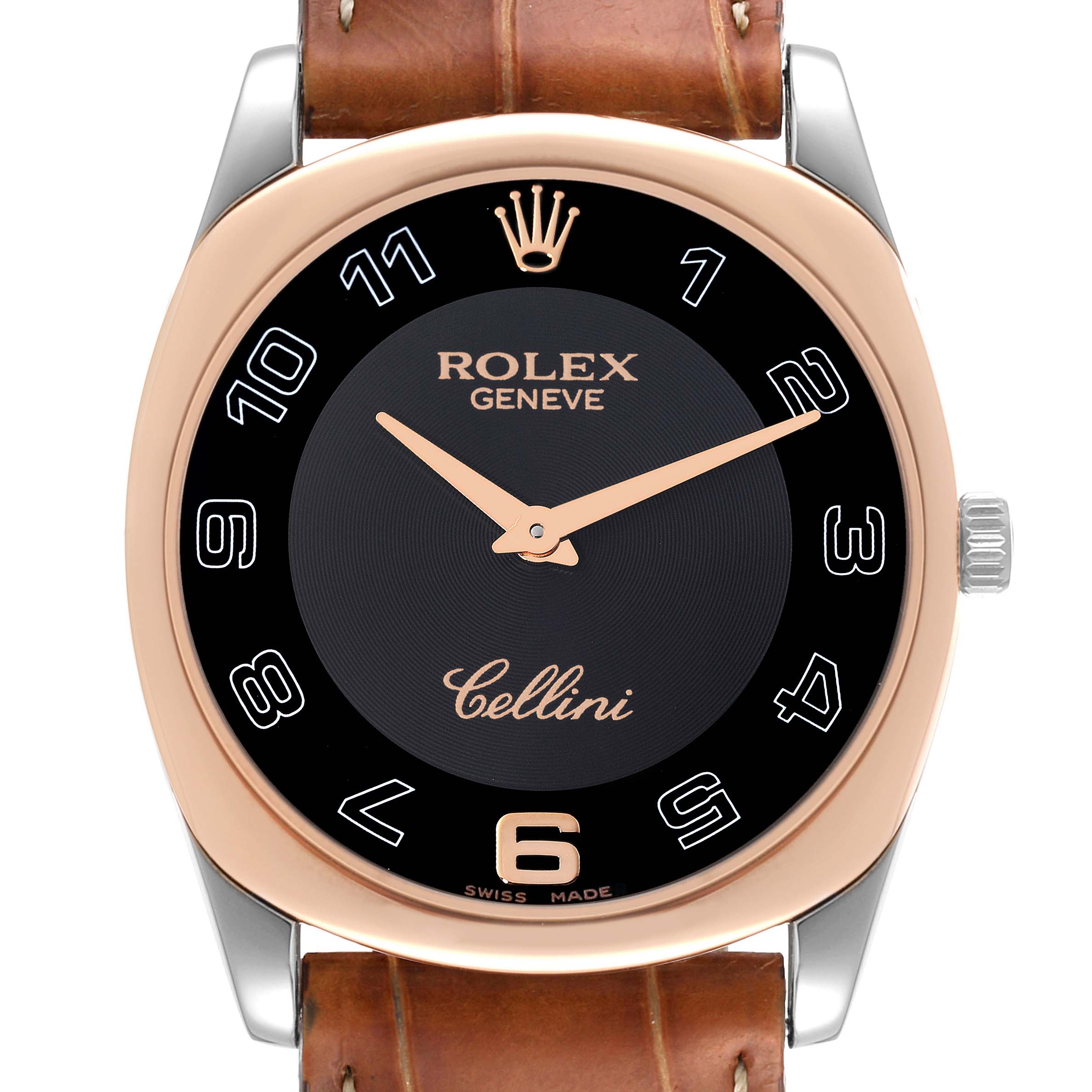 The image shows a front view of a Rolex Cellini 4233 Men's Rose Gold Black Dial 4233 Men's Rose Gold Black Dial watch with a leather strap and a black dial.