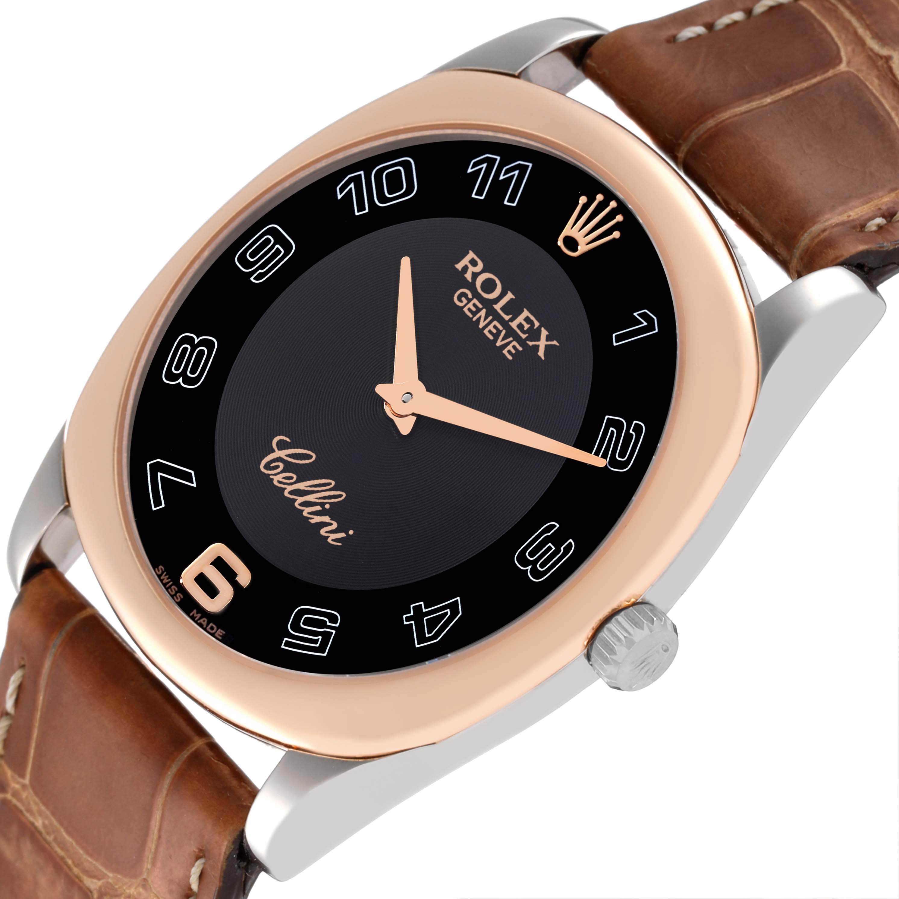 The image shows a close-up, angled view of a Rolex Cellini 4233 Men's Rose Gold Black Dial 4233 Men's Rose Gold Black Dial watch face and part of its strap.