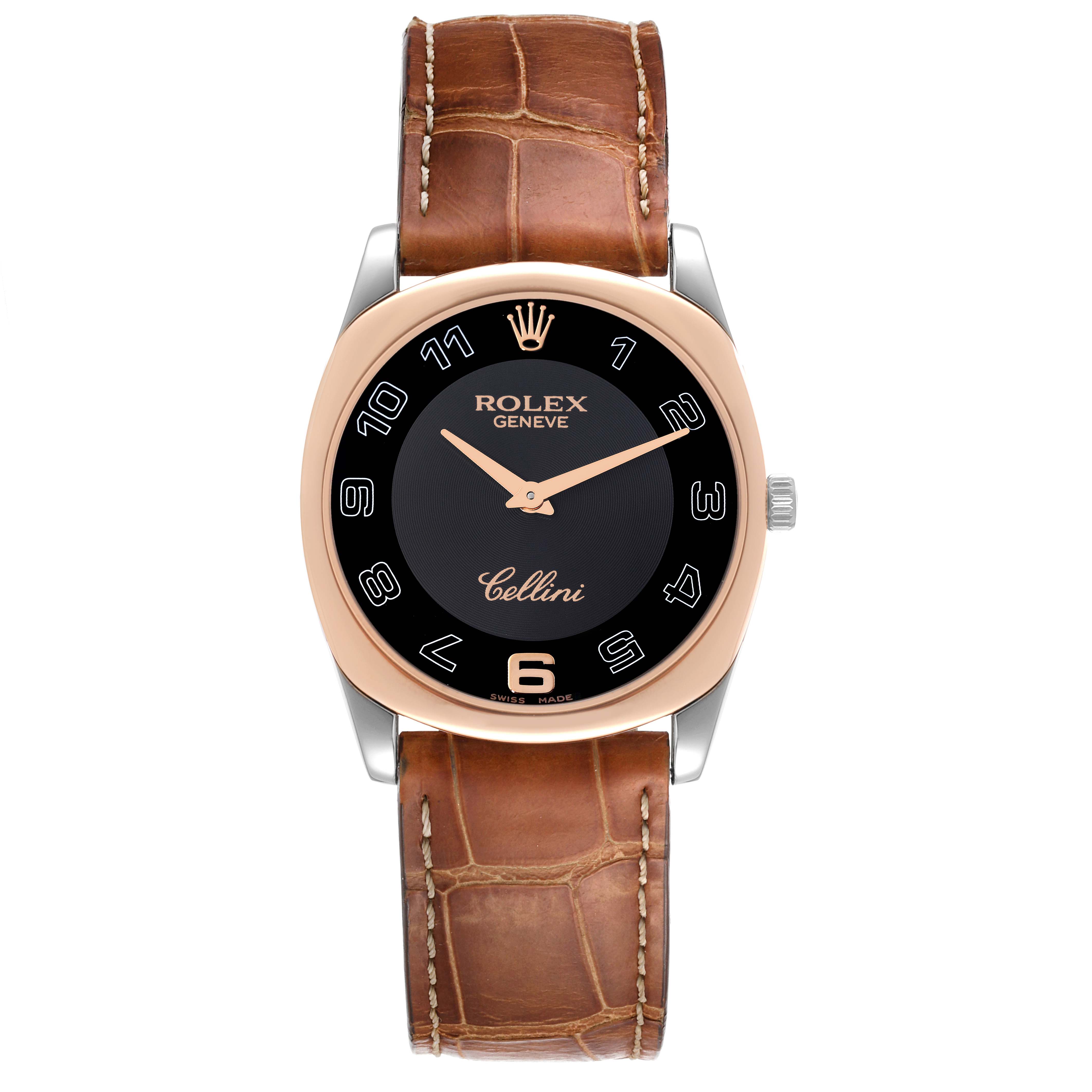 This is a front view of a Rolex Cellini 4233 Men's Rose Gold Black Dial 4233 Men's Rose Gold Black Dial watch showing the dial, case, and brown leather strap.