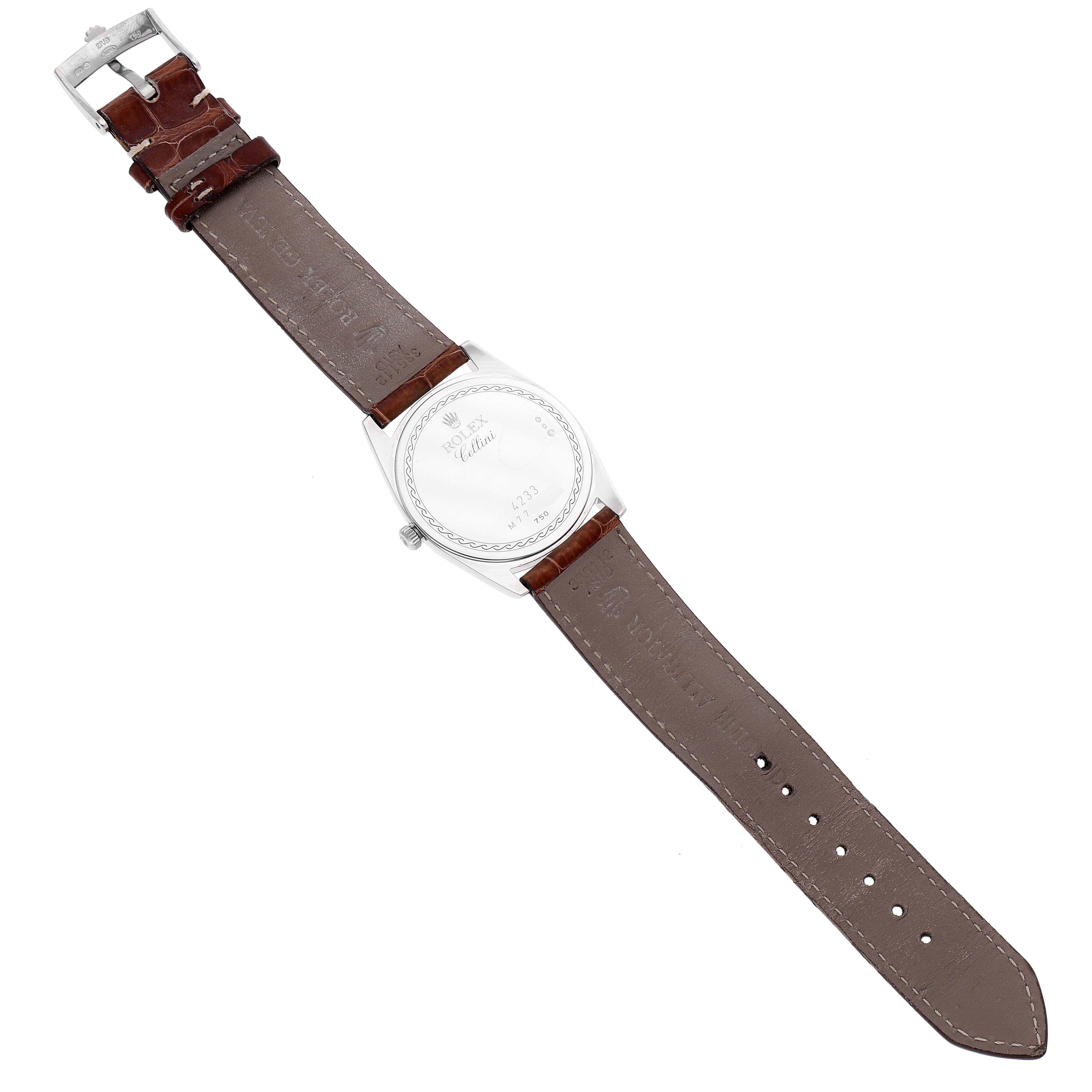 The image shows the Rolex Cellini 4233 Men's Rose Gold Black Dial 4233 Men's Rose Gold Black Dial watch from the back, highlighting the case back, crown, and leather strap.