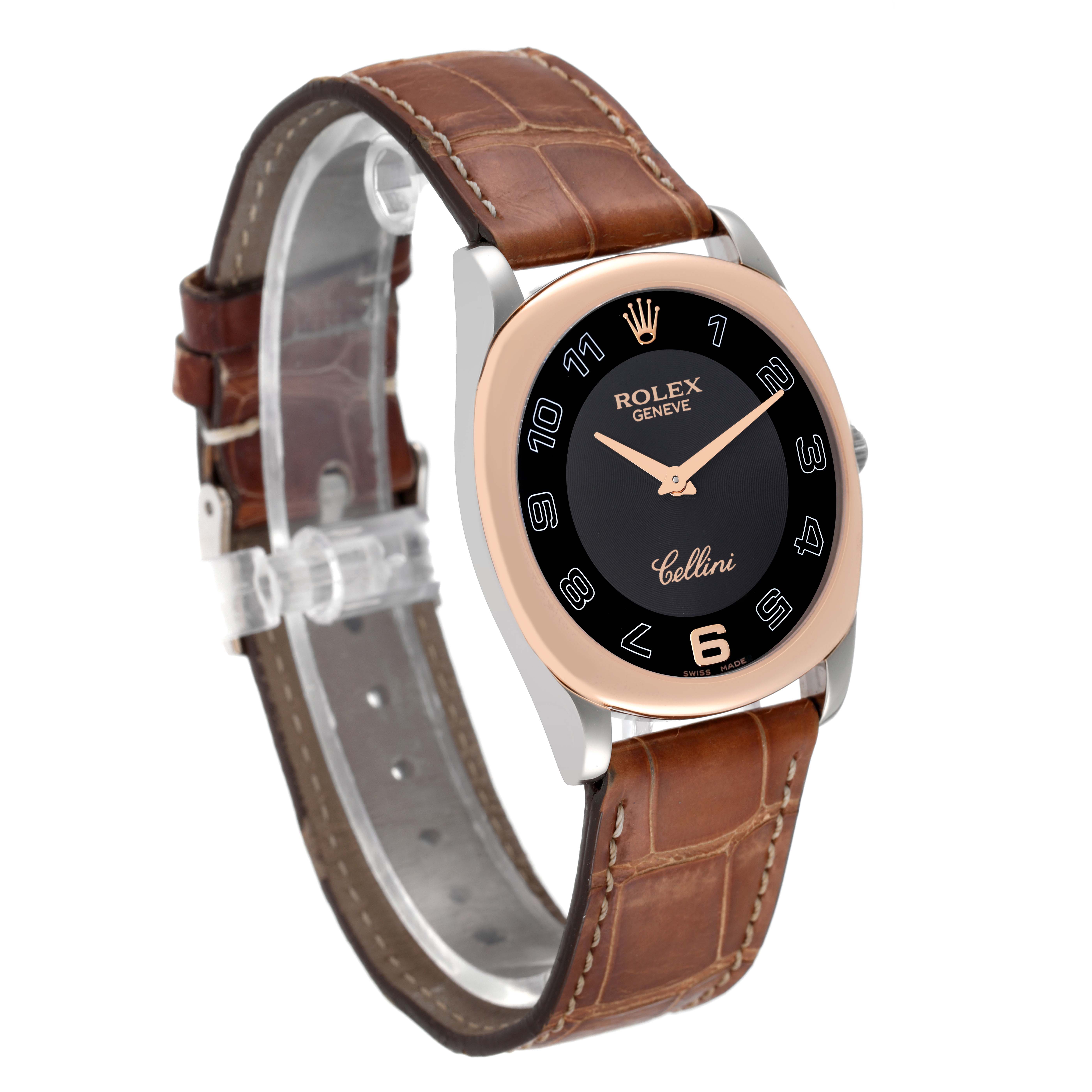 This image shows a Rolex Cellini 4233 Men's Rose Gold Black Dial 4233 Men's Rose Gold Black Dial watch at a three-quarter angle, displaying its face, bezel, case, and leather strap.