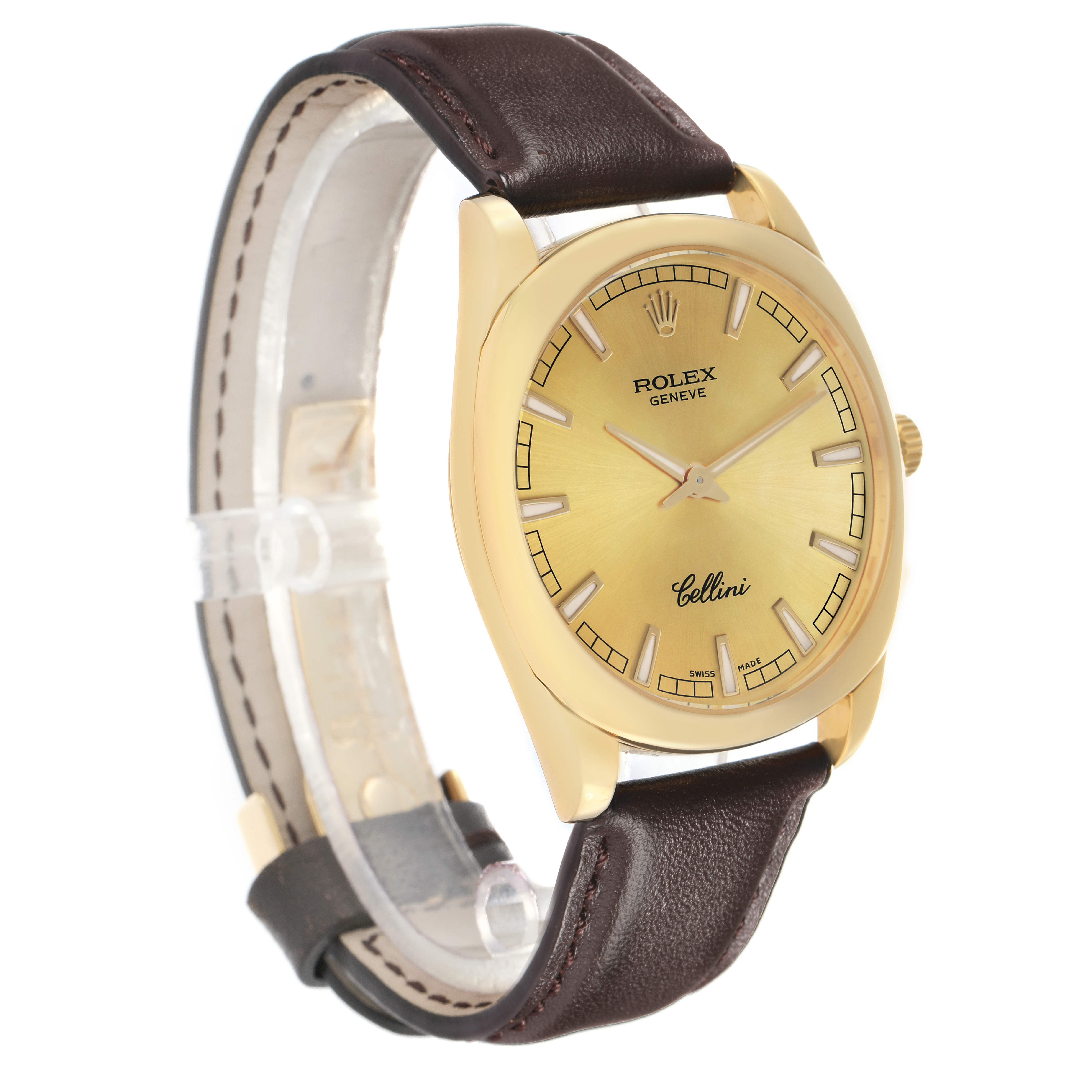 The Rolex Cellini 4243 Men
s Yellow Gold Champagne Dial watch is shown at a three-quarter angle, highlighting the gold case, brown leather strap, and dial features.
