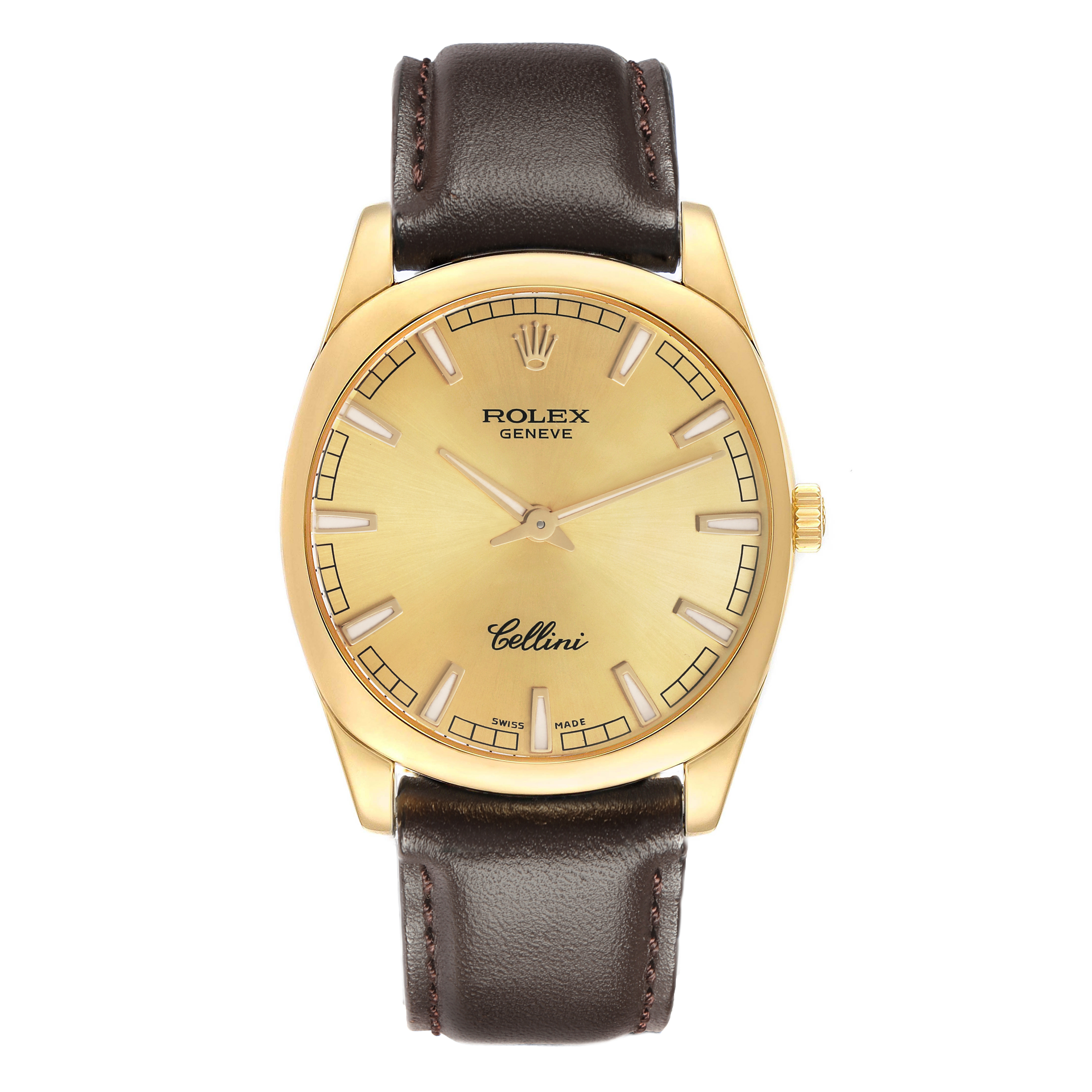 The Rolex Cellini 4243 Men
s Yellow Gold Champagne Dial watch is shown from a front angle, highlighting its gold case, markers, and brown leather strap.