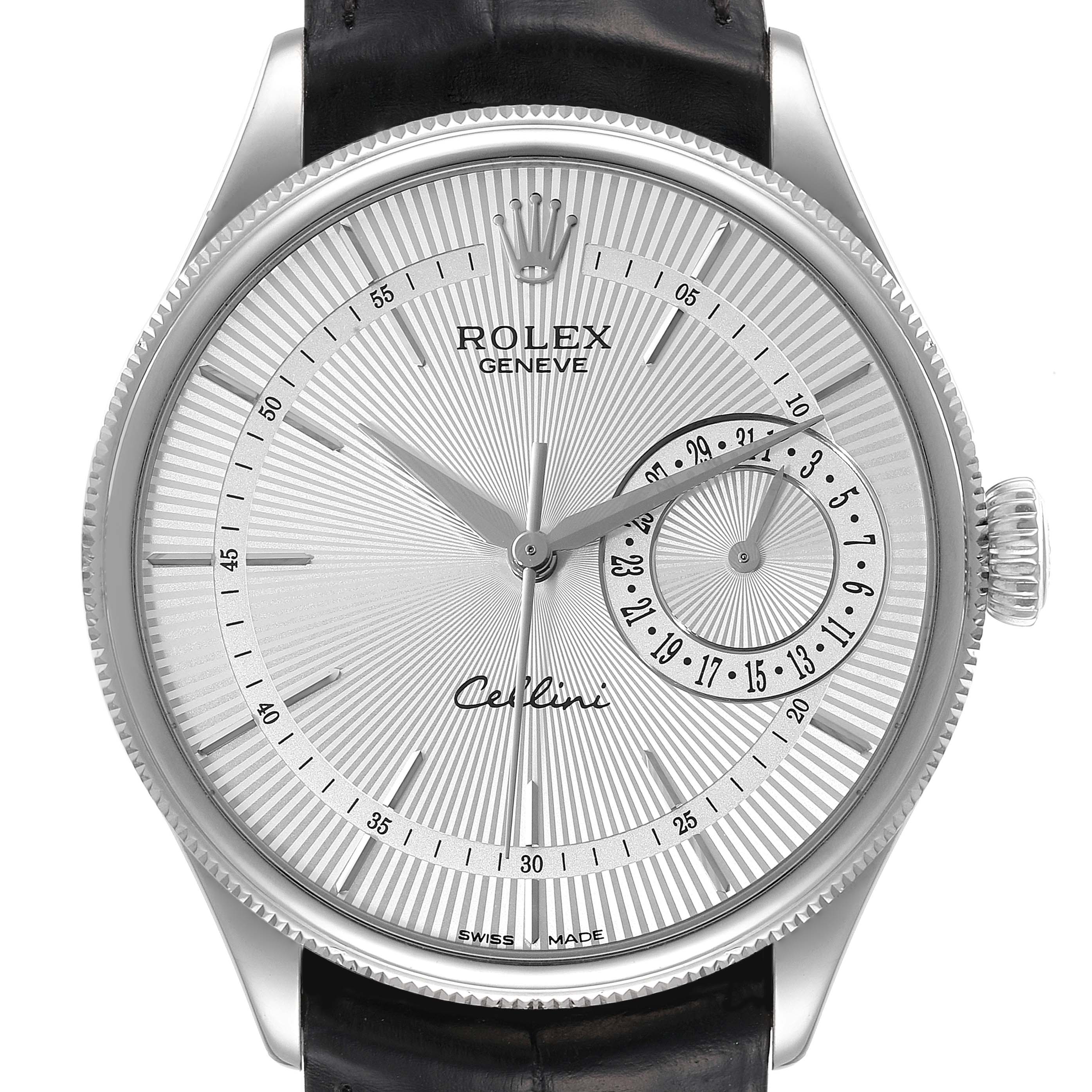 The image shows the face of a Rolex Cellini 50519 Men
s White Gold Silver Dial 50519 Men
s White Gold Silver Dial watch, viewed from the front, featuring its dial, hands, crown, and part of the strap.