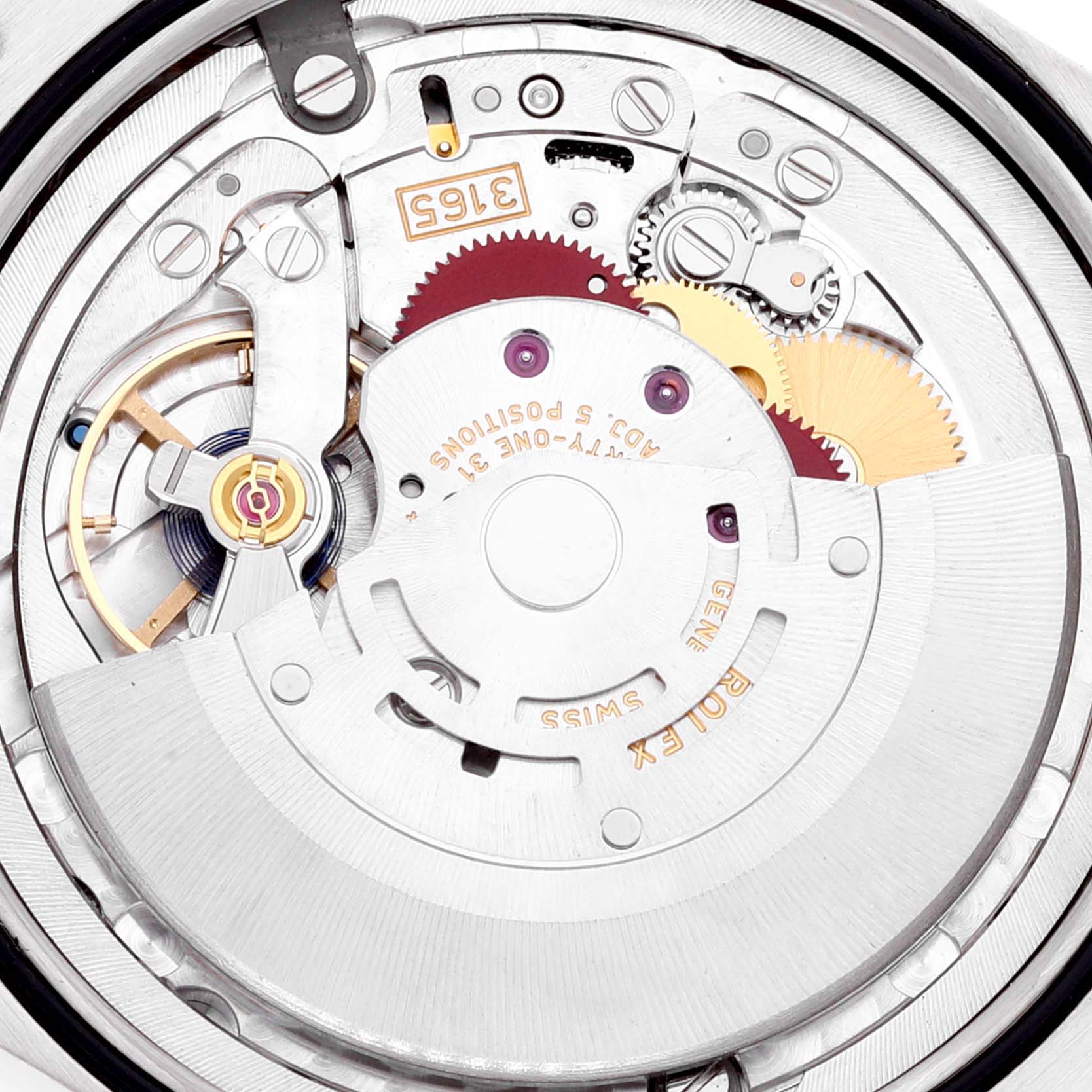 The image shows a close-up of the internal mechanical movement of a Rolex Cellini 50519 Men
s White Gold Silver Dial 50519 Men
s White Gold Silver Dial watch, displaying the gears and rotor.