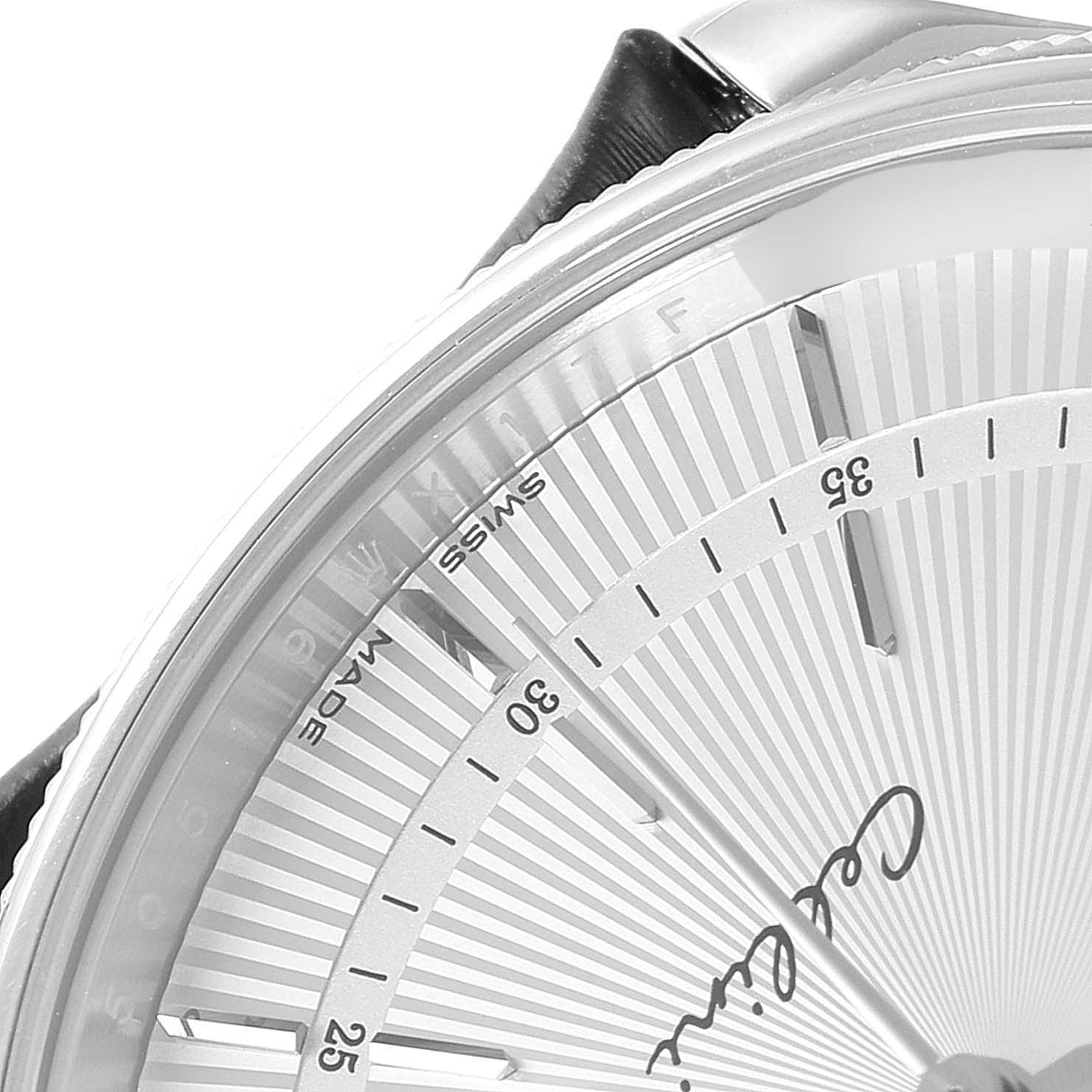 The image shows a close-up of a Rolex Cellini 50519 Men
s White Gold Silver Dial 50519 Men
s White Gold Silver Dial watch face, focusing on the minute markers and part of the bezel and strap.