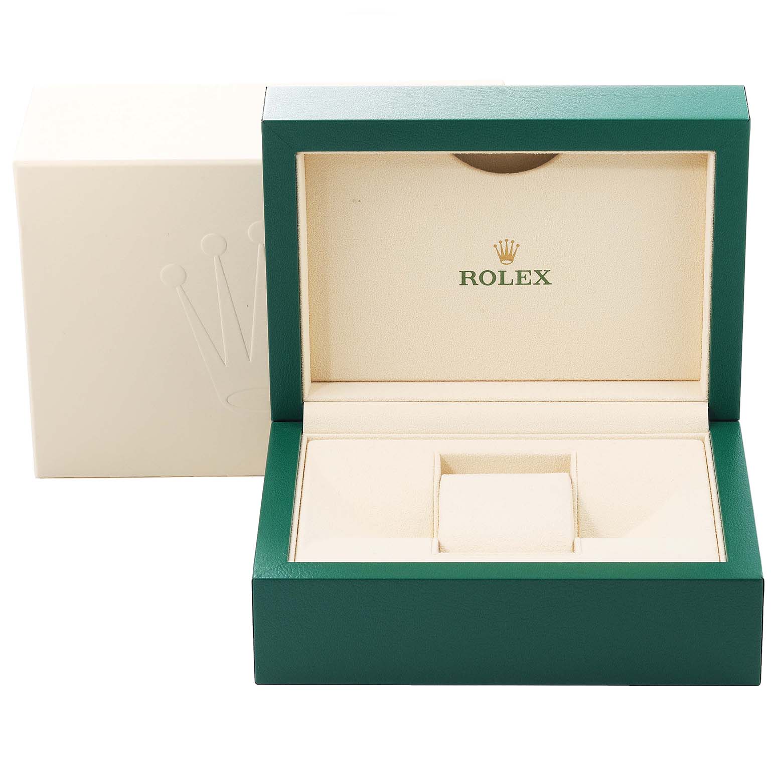 This image shows an open green and beige Rolex watch box for the Cellini model.