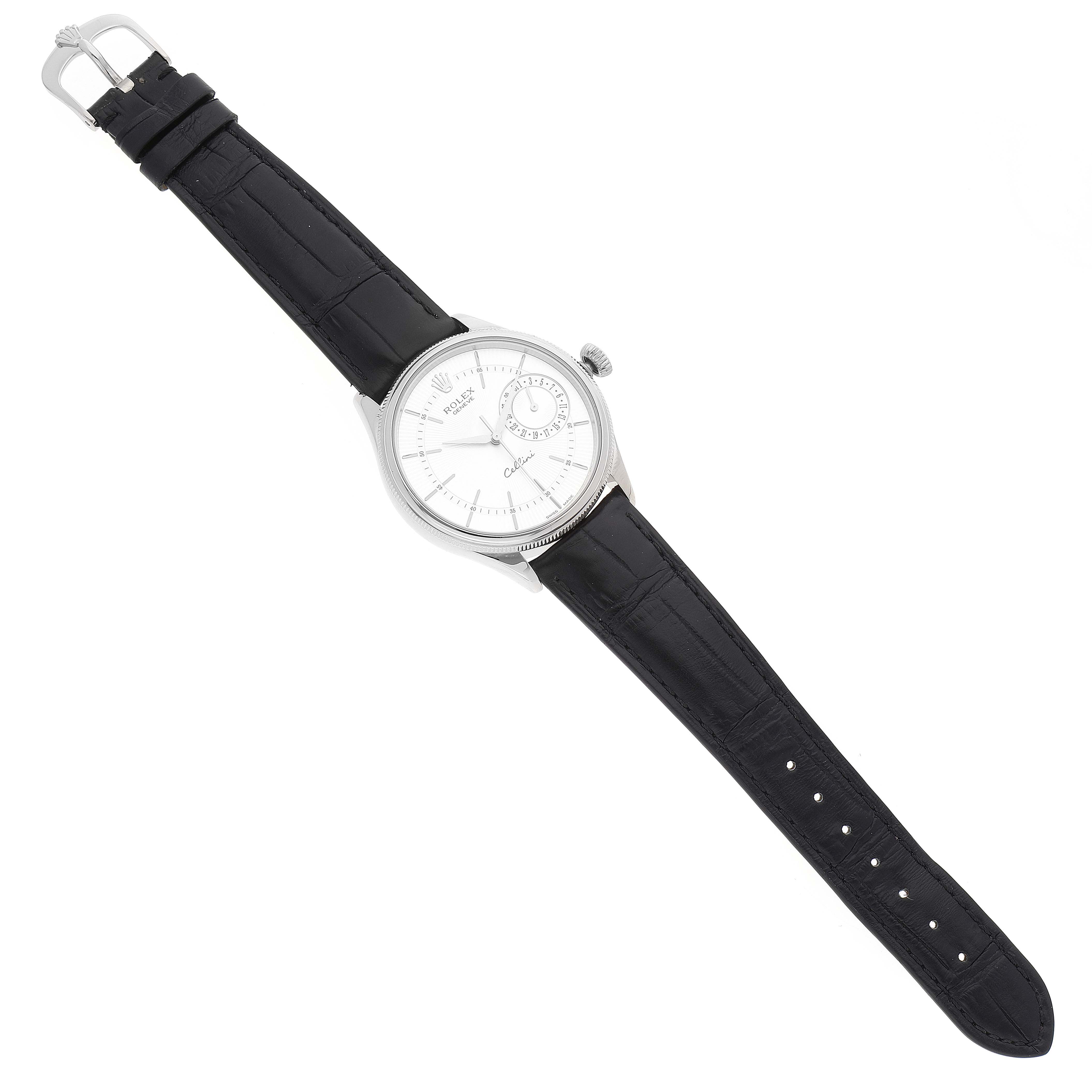 The Rolex Cellini 50519 Men
s White Gold Silver Dial 50519 Men
s White Gold Silver Dial watch is shown from a top-down angle, displaying the face, strap, and buckle.