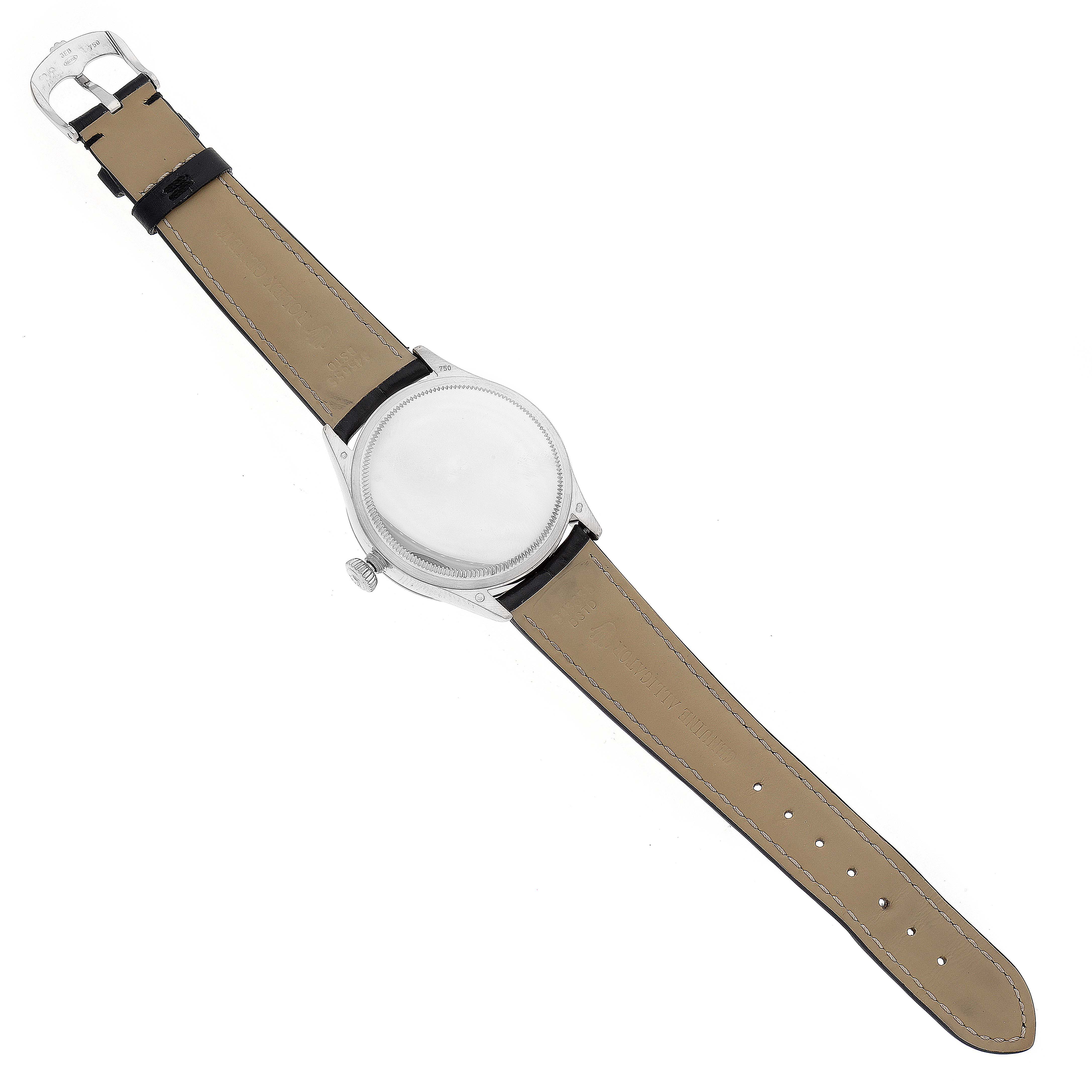 The image shows a Rolex Cellini 50519 Men
s White Gold Silver Dial 50519 Men
s White Gold Silver Dial watch with a full view of its face, crown, and leather strap laid flat.