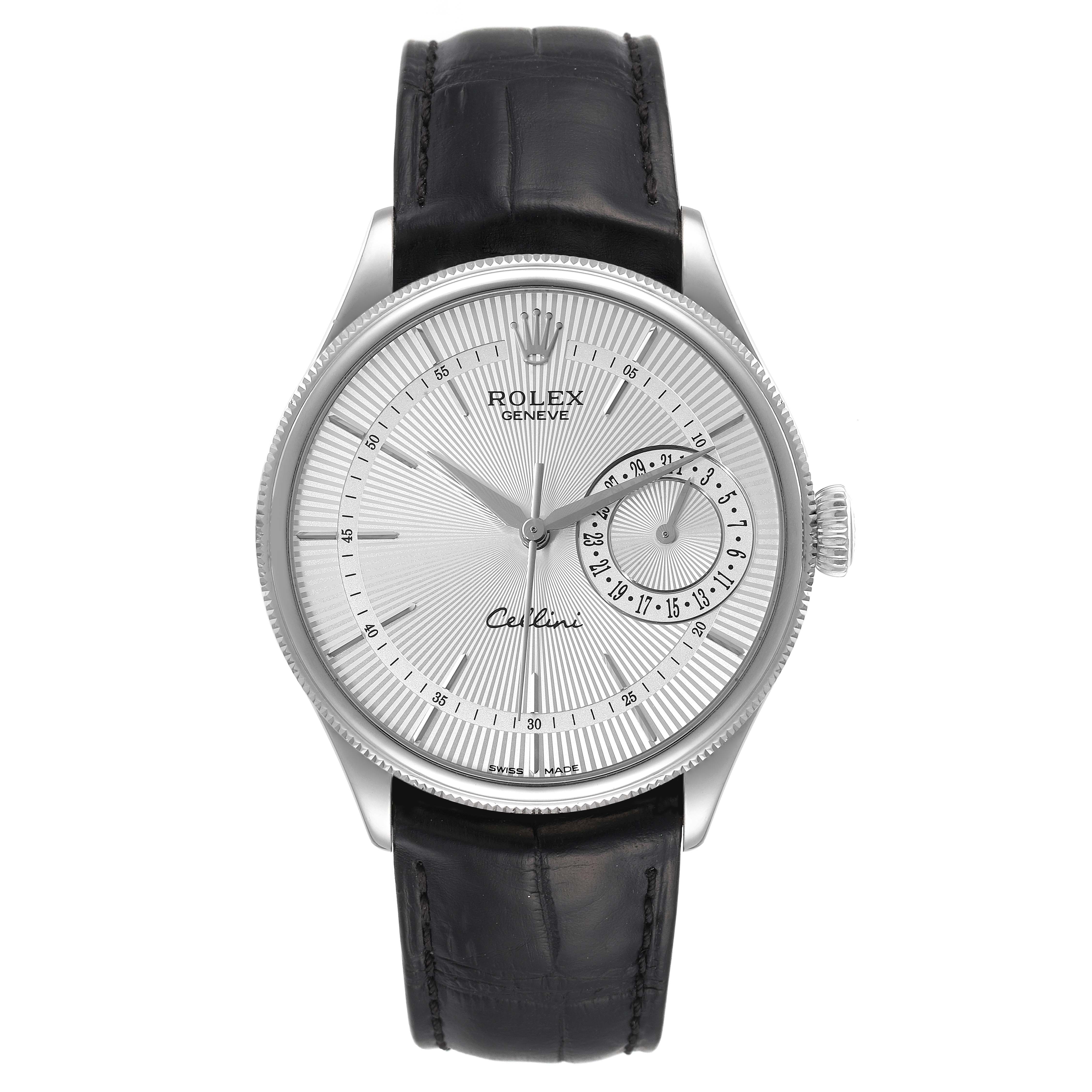The image shows a front view of a Rolex Cellini 50519 Men
s White Gold Silver Dial 50519 Men
s White Gold Silver Dial watch, highlighting its silver dial, markers, hands, crown, and black leather strap.