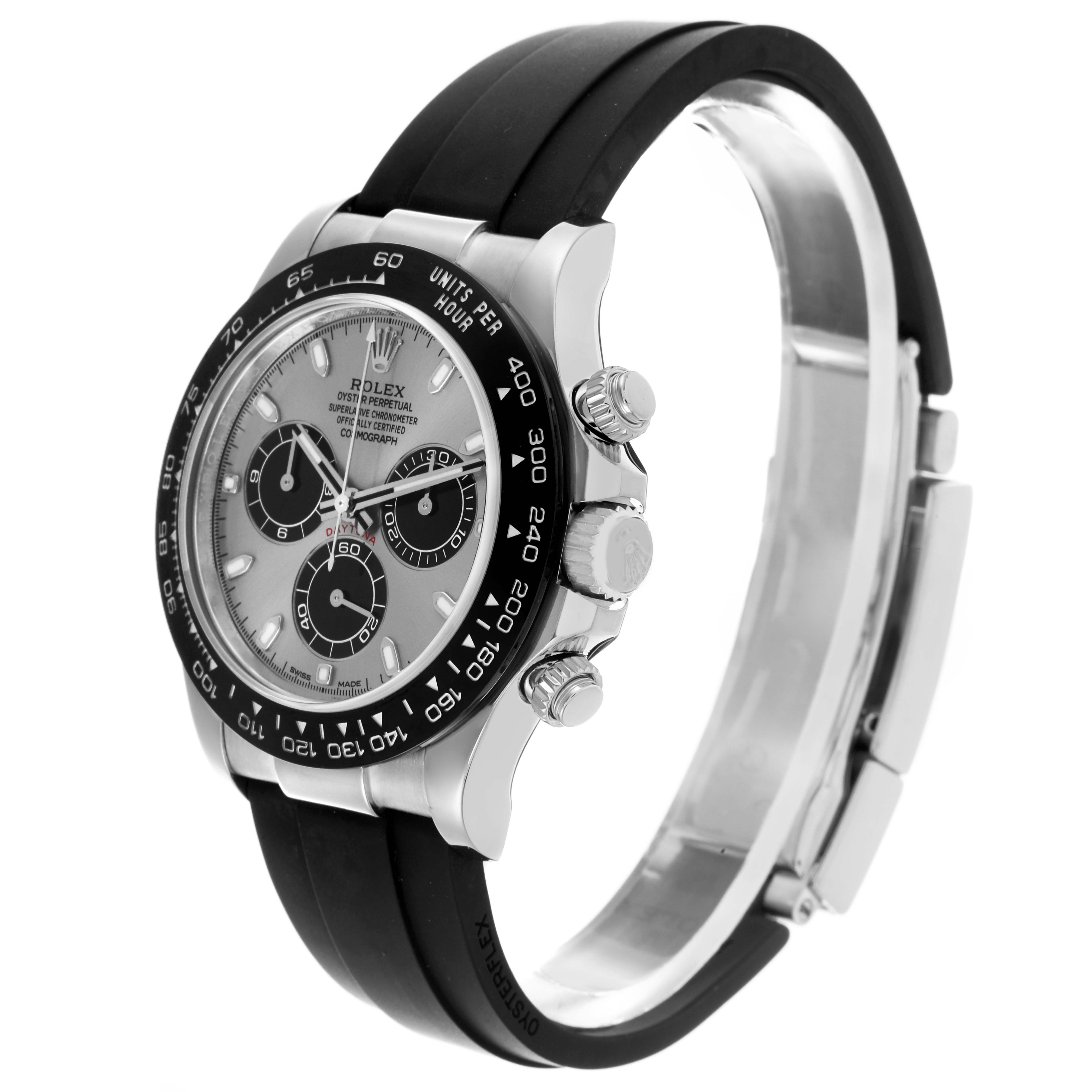 The Rolex Daytona 116519 Men
s White Gold Silver Dial watch is shown at a side angle, displaying the face, bezel, crown, pushers, and part of the strap.