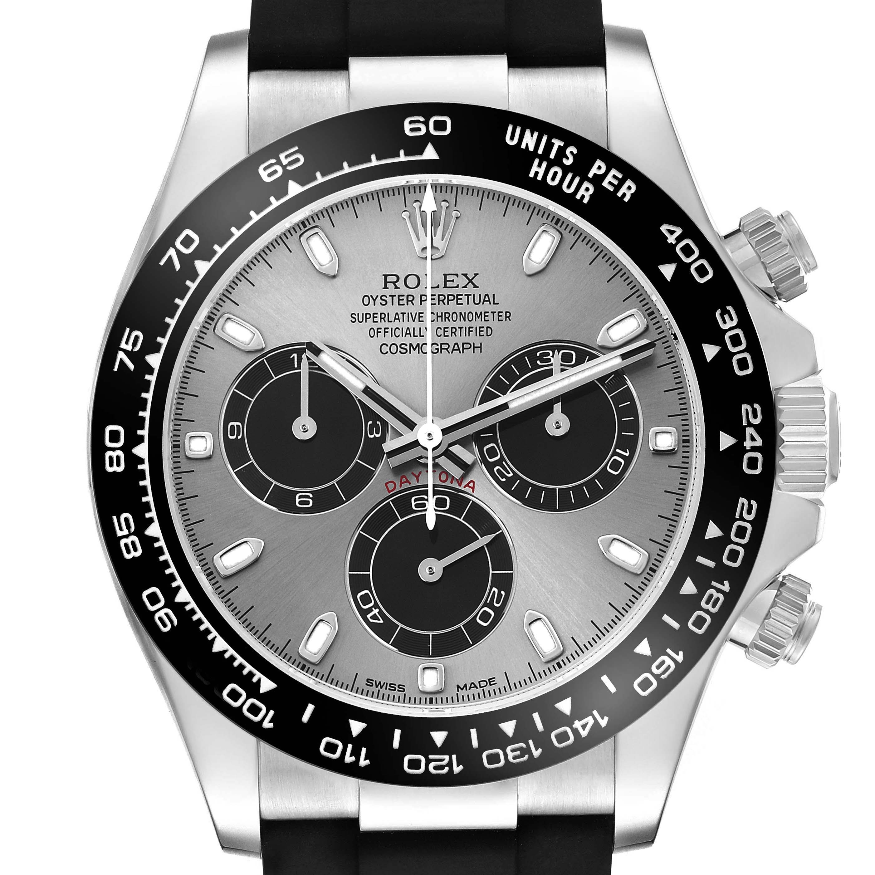The Rolex Daytona 116519 Men
s White Gold Silver Dial watch is shown from a front angle, highlighting the dial, bezel, and part of the strap.