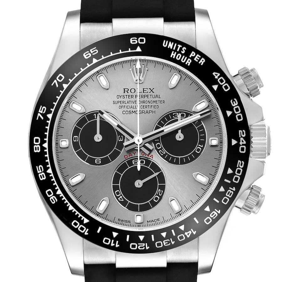 The Rolex Daytona 116519 Men's White Gold Silver Dial watch is shown from a front angle, highlighting the dial, bezel, and part of the strap.