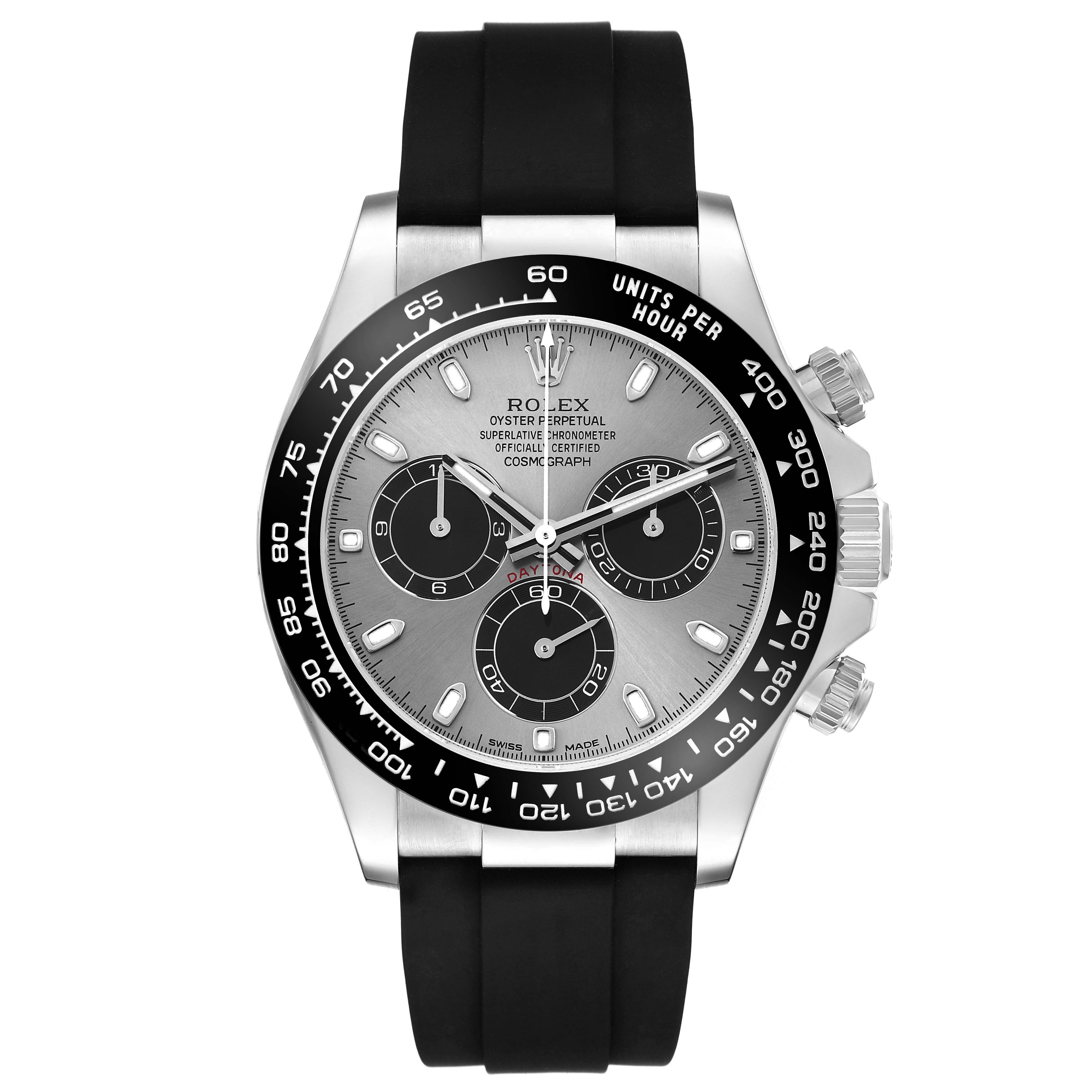 The Rolex Daytona 116519 Men
s White Gold Silver Dial watch is shown from a front view, displaying the dial, bezel, and subdials with a black rubber strap.