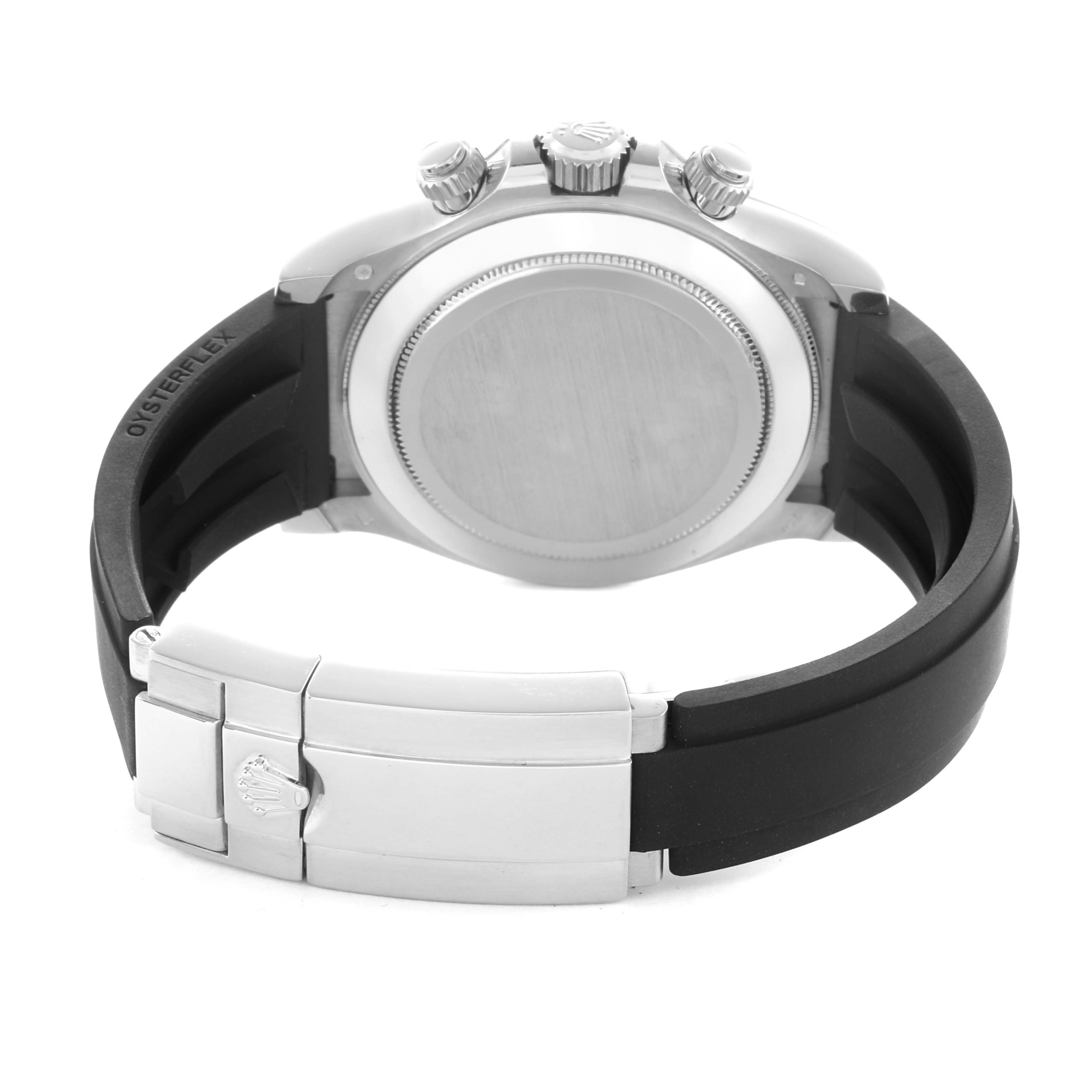 The image shows the back view of a Rolex Daytona 116519 Men
s White Gold Silver Dial, highlighting the case, crown, pushers, and Oysterflex bracelet.