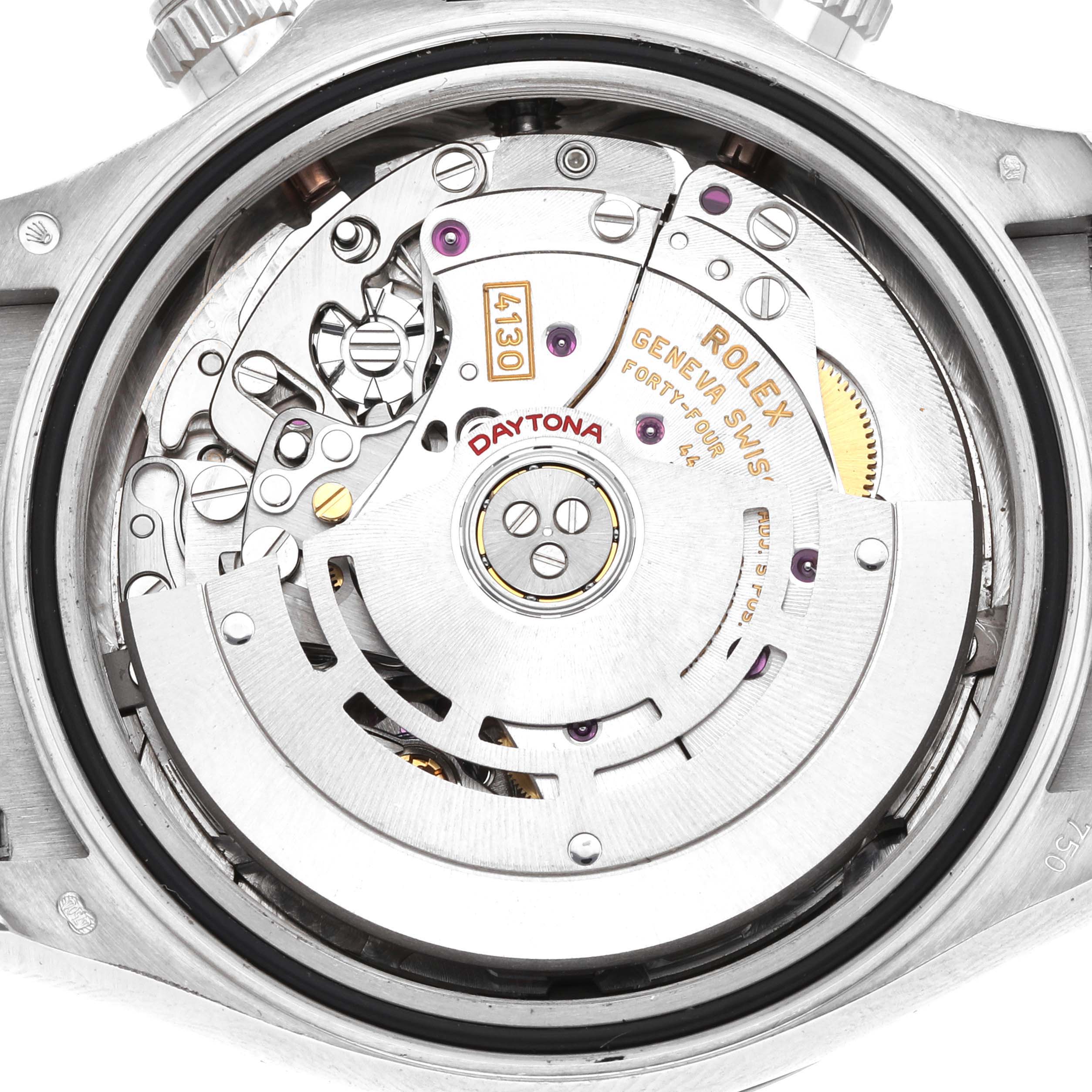 The image shows the movement of a Rolex Daytona 116519 Men
s White Gold Silver Dial watch viewed from the back, highlighting its intricate internal components.