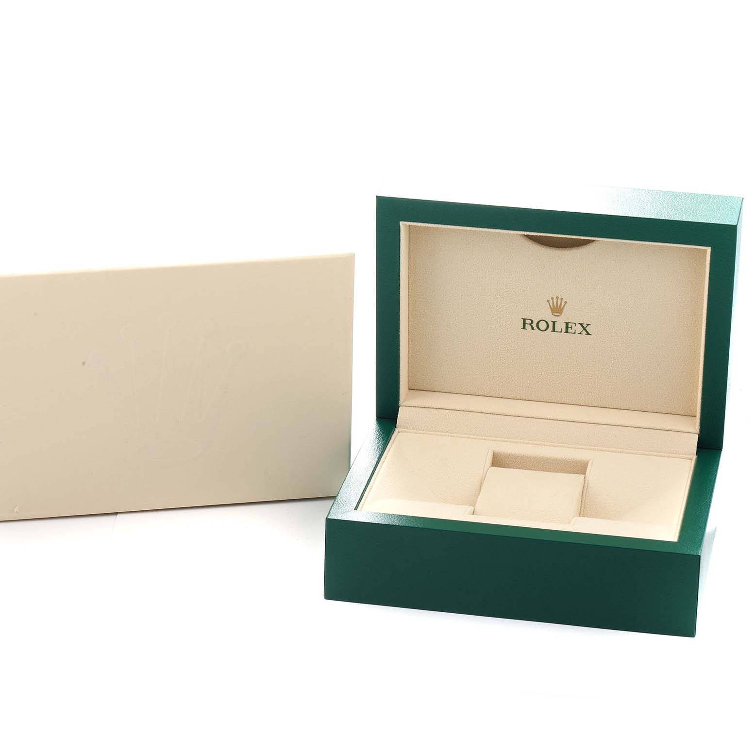 The image shows an open Rolex Daytona 116519 Men
s White Gold Silver Dial watch box at an angled view, with the logo and cushioning inside visible.