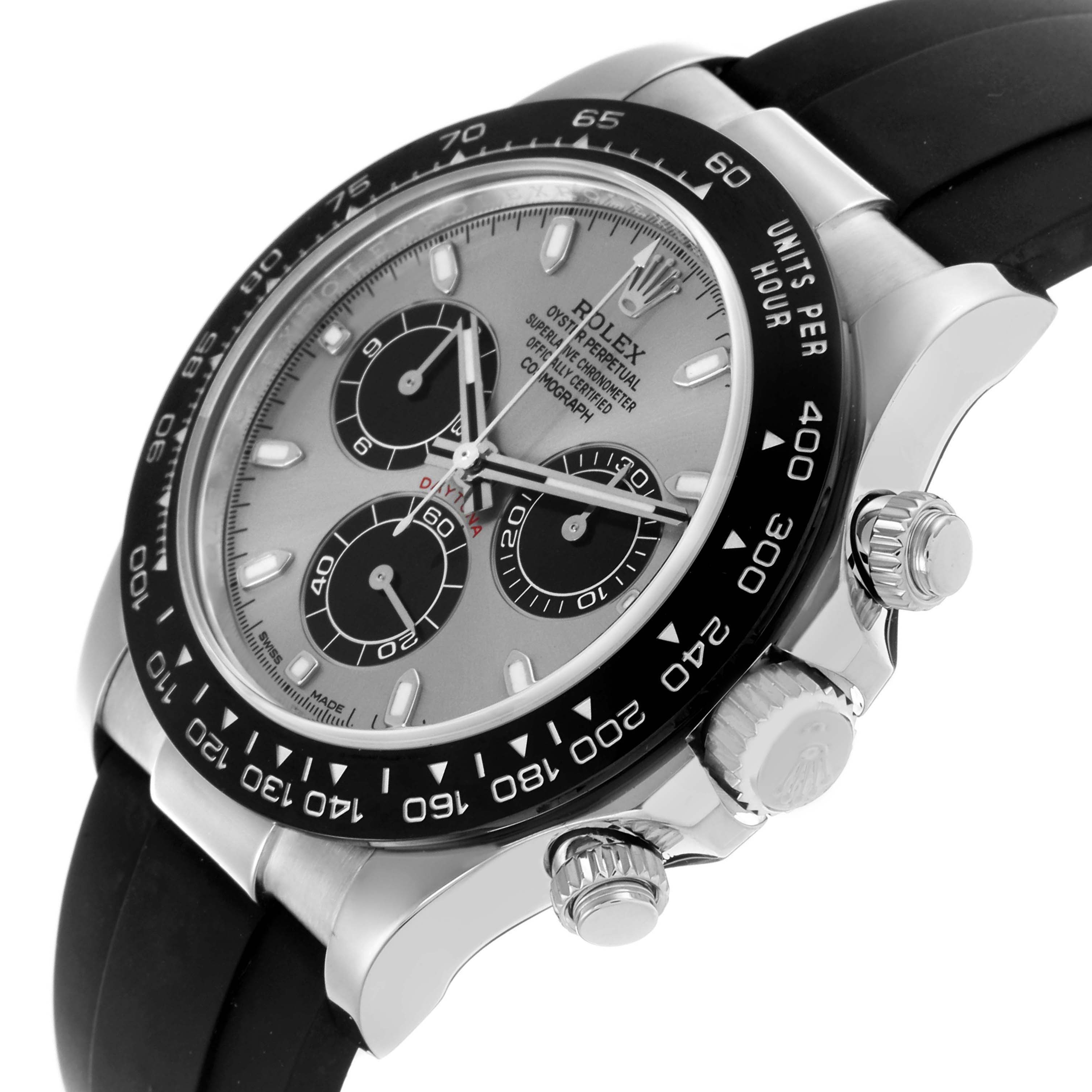 This Rolex Daytona 116519 Men
s White Gold Silver Dial watch is shown at a slight side angle, highlighting the face, chronograph dials, bezel, and crown.