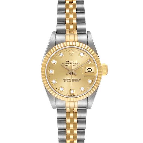 The Rolex Datejust 69173 Women's Steel and Gold (two tone) Champagne Dial watch is shown from a front angle, highlighting its gold and silver bracelet and diamond-accented dial.