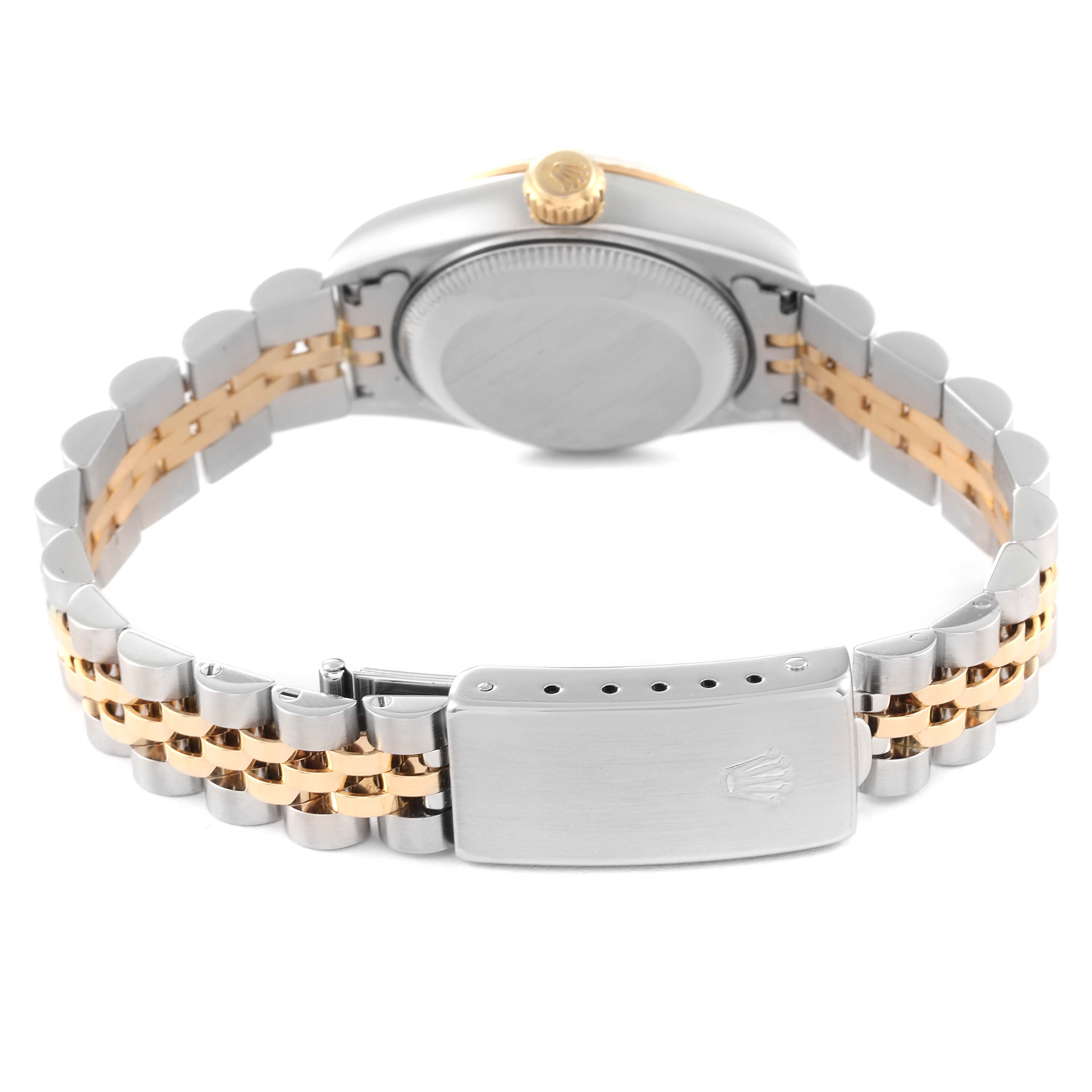 The image shows the back view of the Rolex Datejust 79173 Women's Steel and Gold (two tone) White Dial 79173 Women's Steel and Gold (two tone) White Dial model, highlighting its two-tone metal bracelet and clasp.