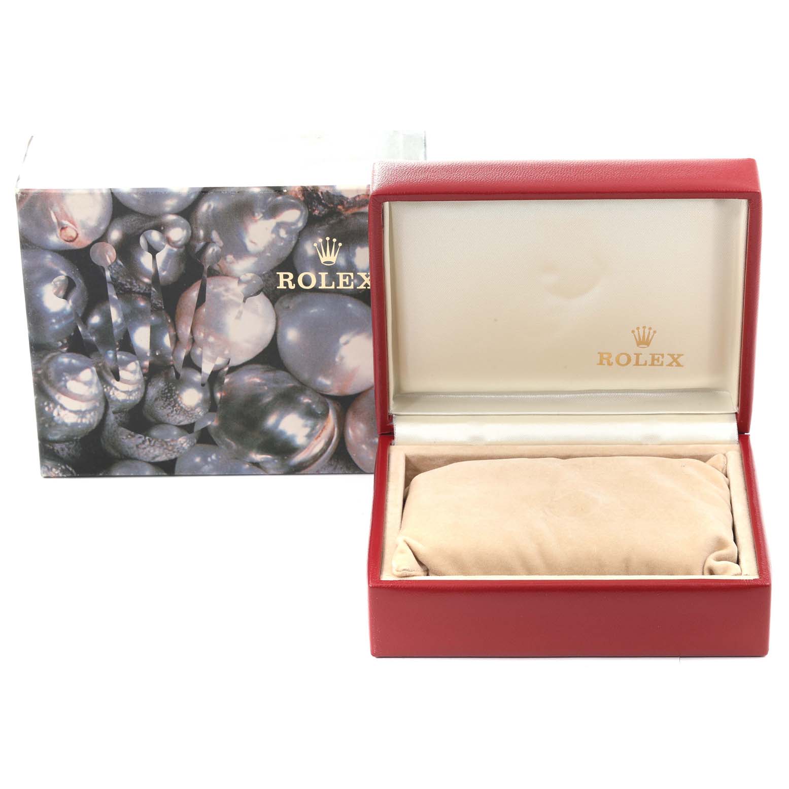 The image shows a Rolex Datejust 79173 Women's Steel and Gold (two tone) White Dial 79173 Women's Steel and Gold (two tone) White Dial watch box with the lid open, revealing the interior pillow.