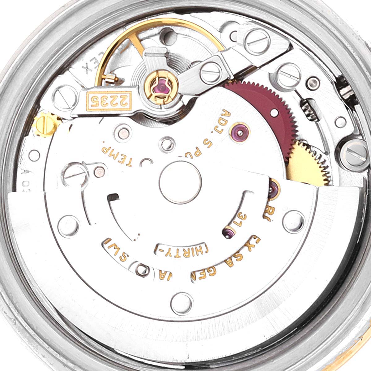 This image shows the internal movement mechanism of a Rolex Datejust 79173 Women's Steel and Gold (two tone) White Dial 79173 Women's Steel and Gold (two tone) White Dial watch from a top-down perspective.