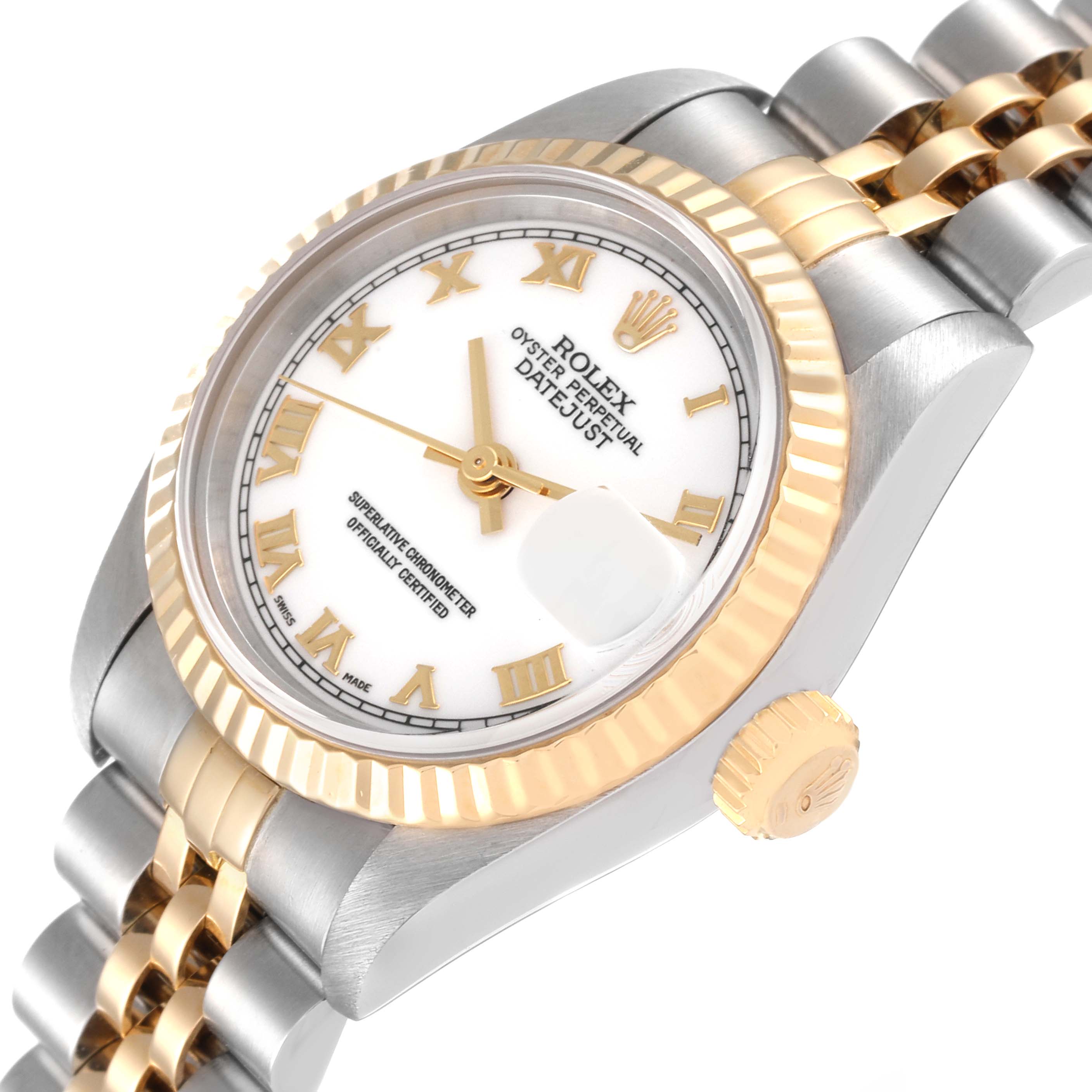 The image shows a close-up angle of a Rolex Datejust 79173 Women's Steel and Gold (two tone) White Dial 79173 Women's Steel and Gold (two tone) White Dial watch, highlighting the white dial, gold and silver bezel, crown, and part of the bracelet.