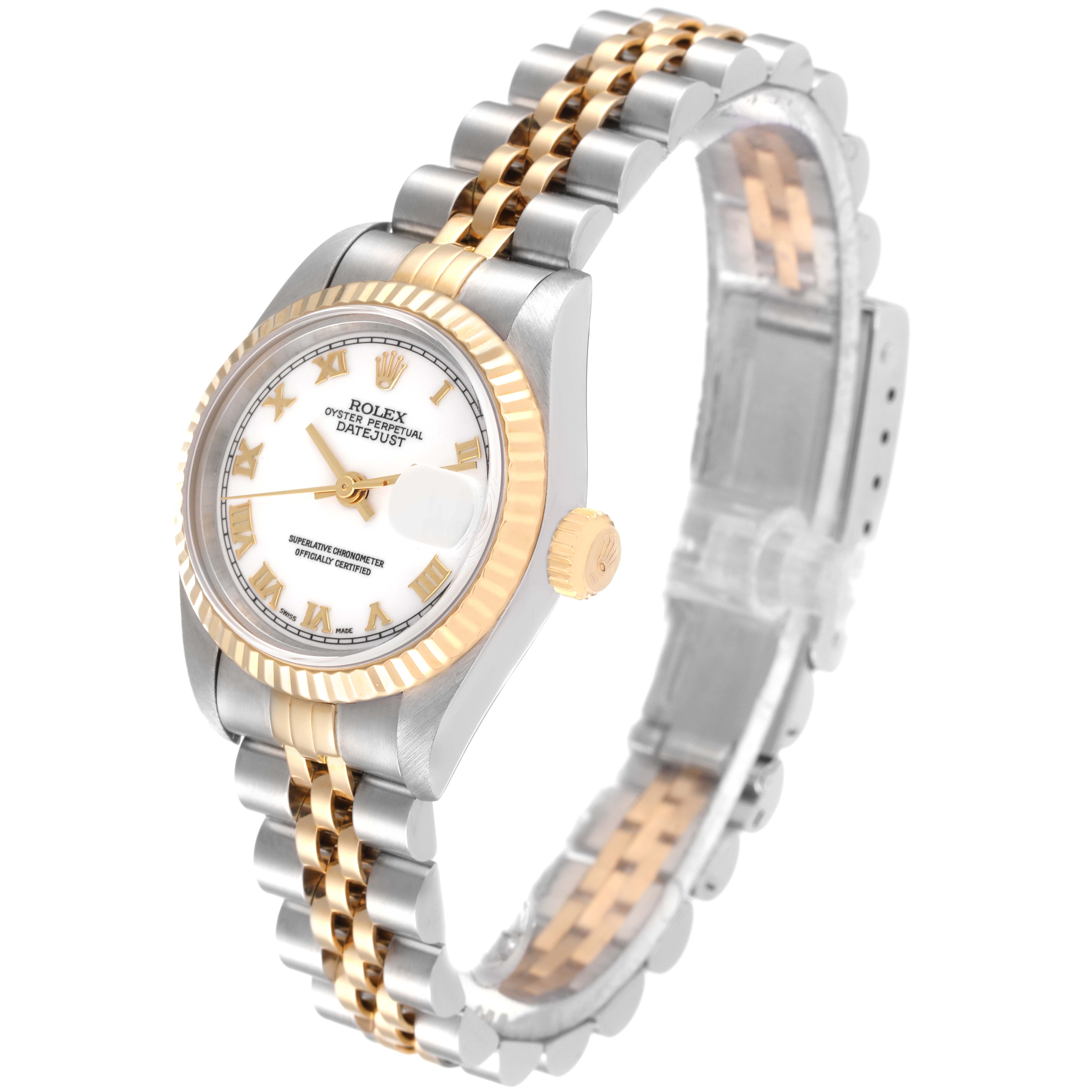 The Rolex Datejust 79173 Women's Steel and Gold (two tone) White Dial 79173 Women's Steel and Gold (two tone) White Dial watch is displayed at a three-quarter angle, showing its face, fluted bezel, crown, and jubilee bracelet.