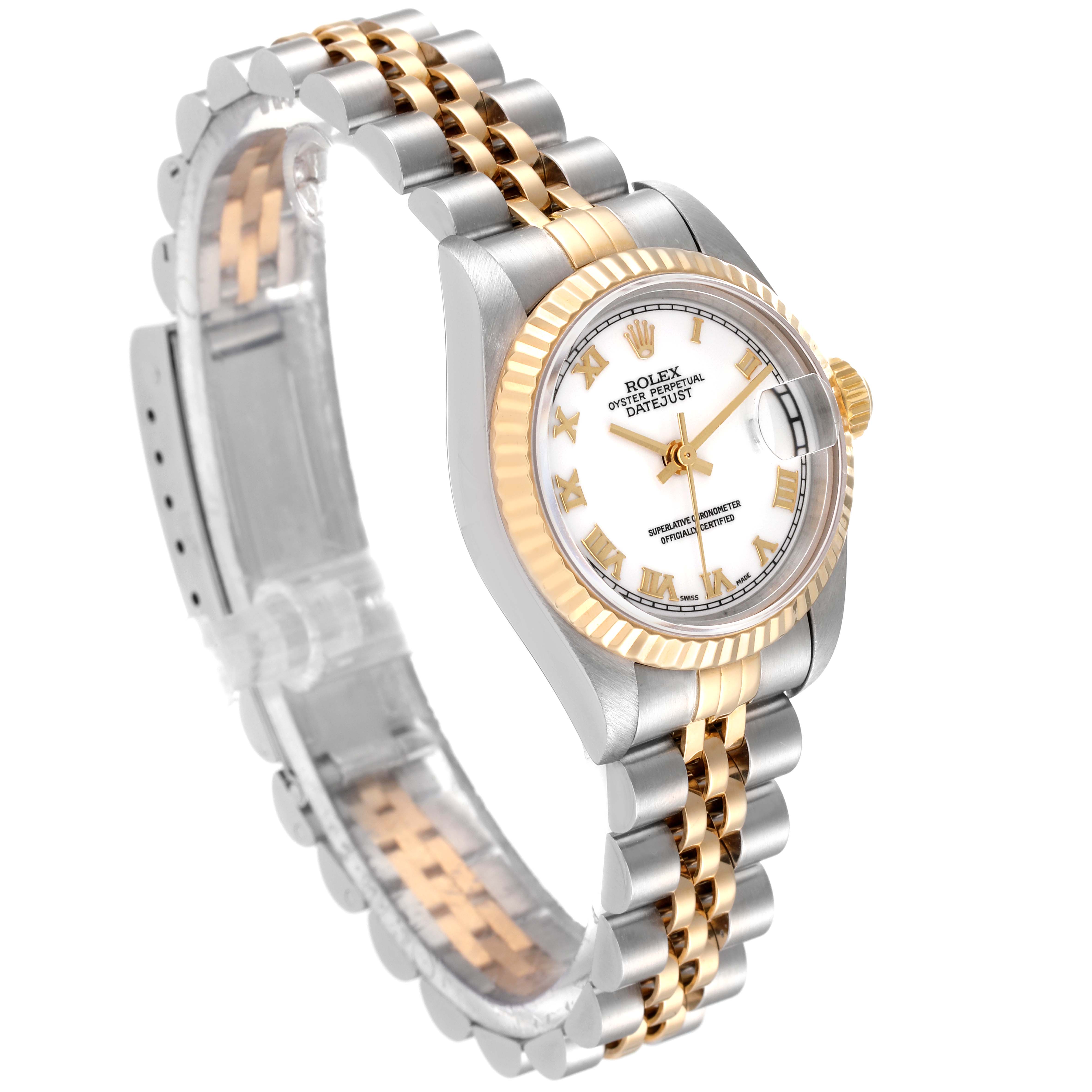 The Rolex Datejust 79173 Women's Steel and Gold (two tone) White Dial 79173 Women's Steel and Gold (two tone) White Dial watch is shown at a slight angle, displaying the face, bezel, crown, and Jubilee bracelet.