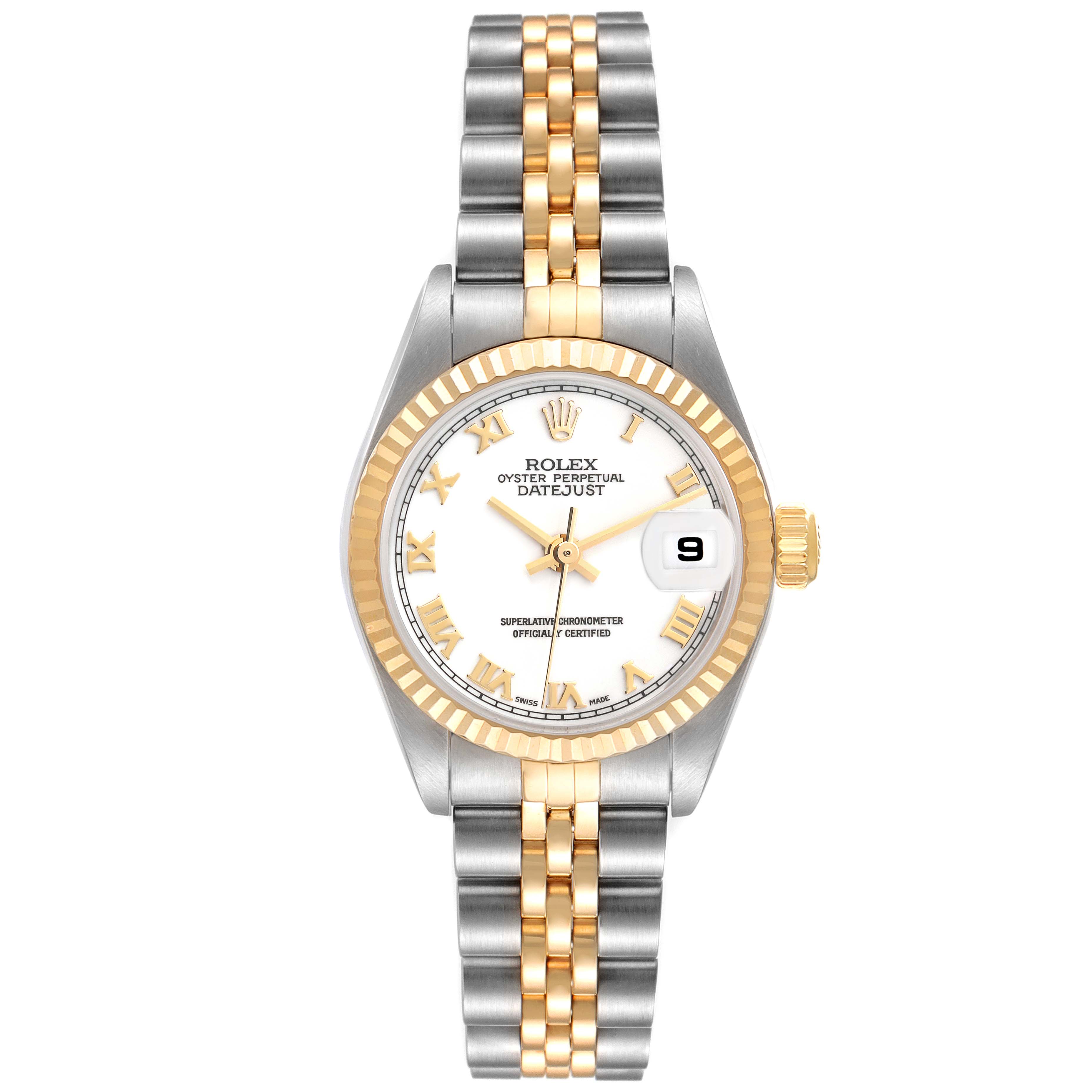 The Rolex Datejust 79173 Women's Steel and Gold (two tone) White Dial 79173 Women's Steel and Gold (two tone) White Dial watch is shown from the front, displaying the face, bezel, and two-tone bracelet.