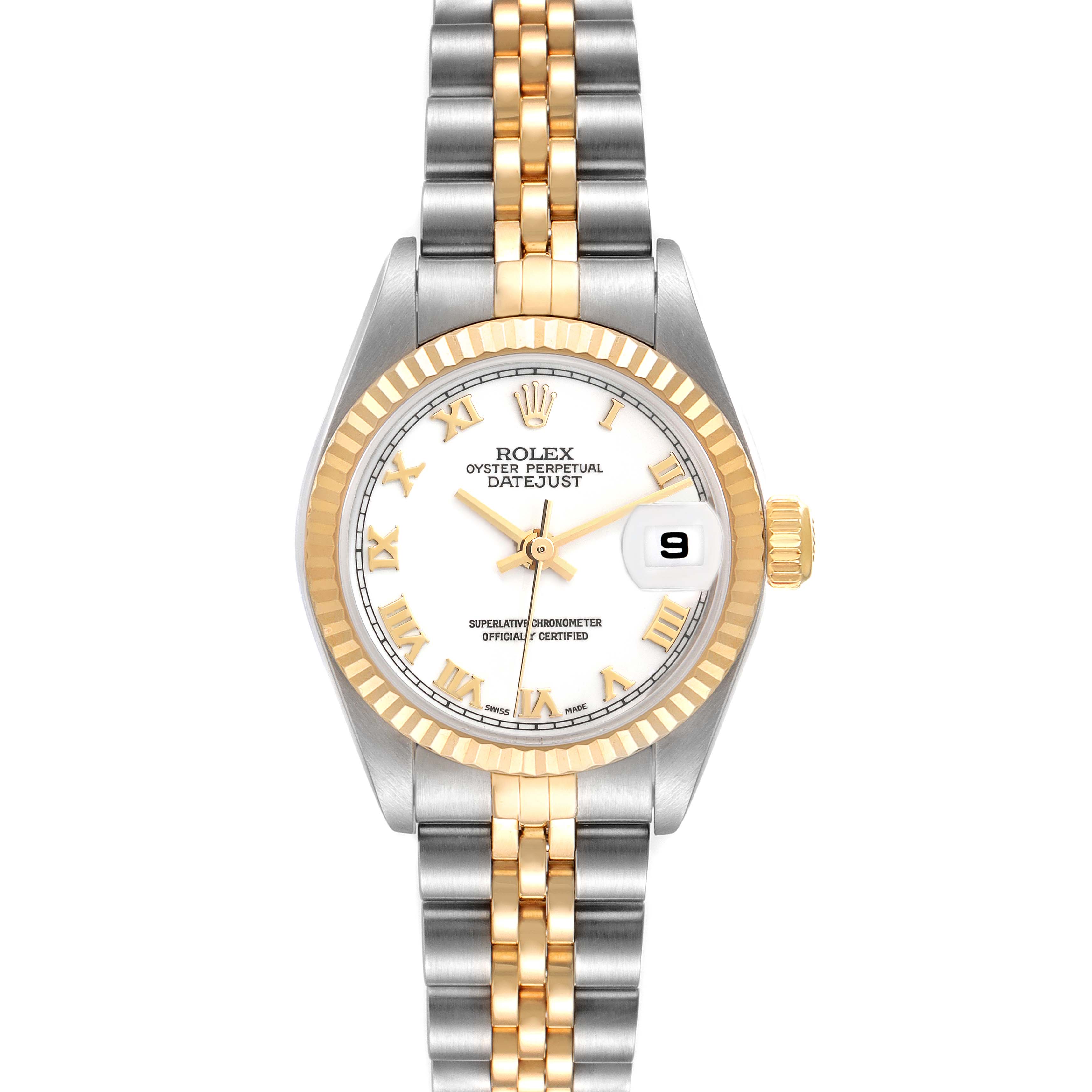 The image shows a front view of a Rolex Datejust 79173 Women's Steel and Gold (two tone) White Dial 79173 Women's Steel and Gold (two tone) White Dial watch, displaying its face, bezel, and two-tone bracelet.