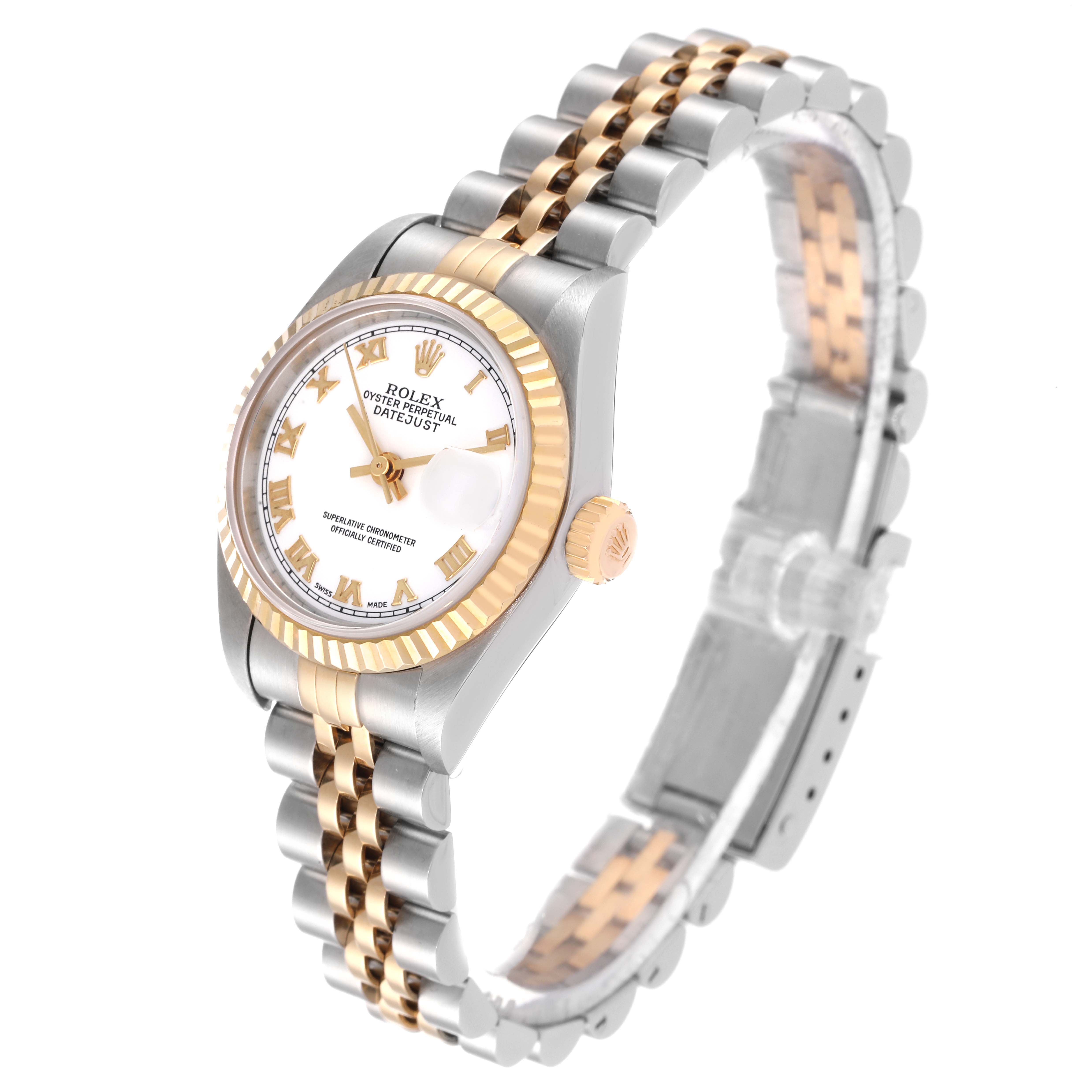 This image shows a Rolex Datejust 79173 Women's Steel and Gold (two tone) White Dial 79173 Women's Steel and Gold (two tone) White Dial watch from a slight side angle, highlighting the bezel, dial, crown, and jubilee bracelet.
