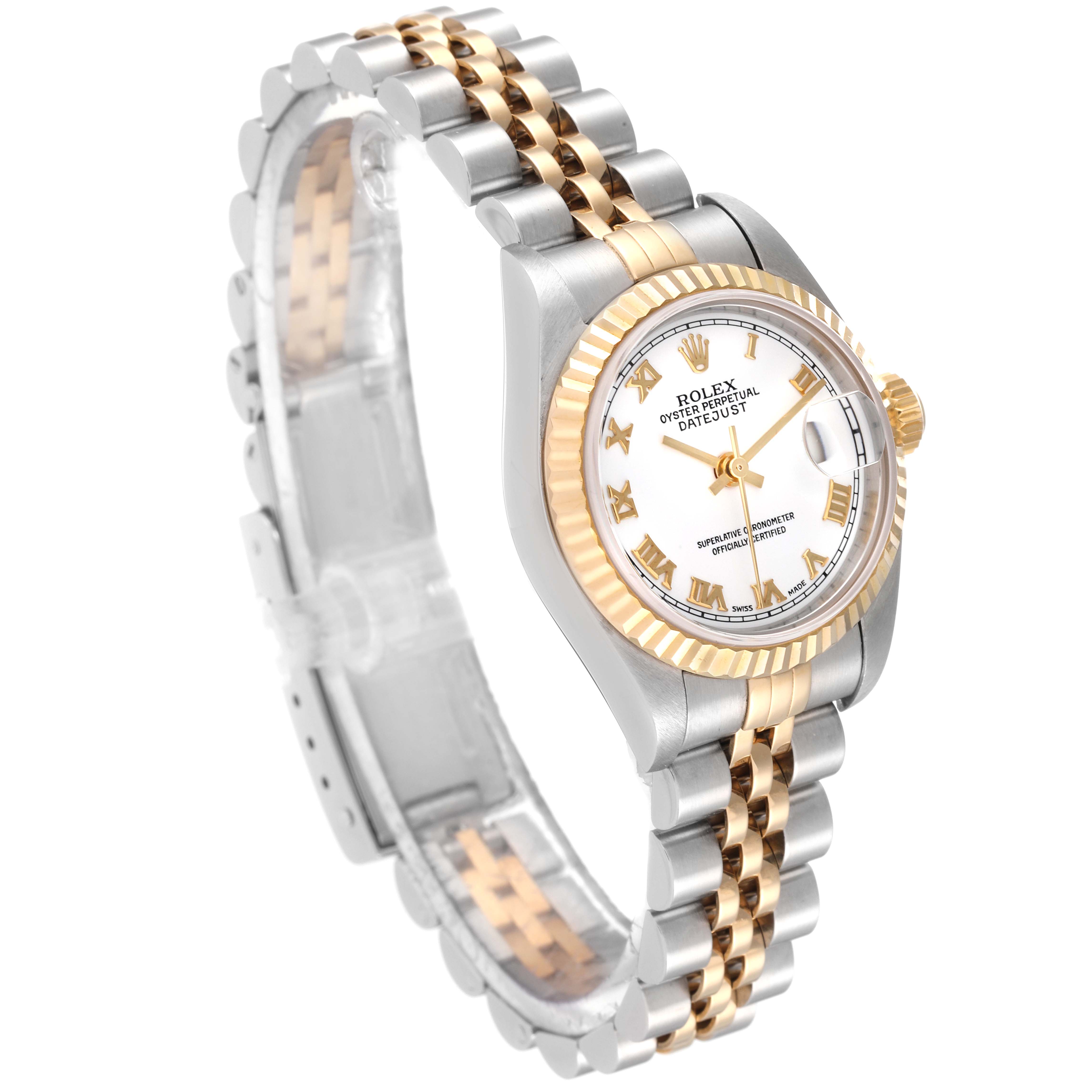 The image shows a Rolex Datejust 79173 Women's Steel and Gold (two tone) White Dial 79173 Women's Steel and Gold (two tone) White Dial watch from an angled view, highlighting its two-tone band, fluted bezel, and white Roman numeral dial.
