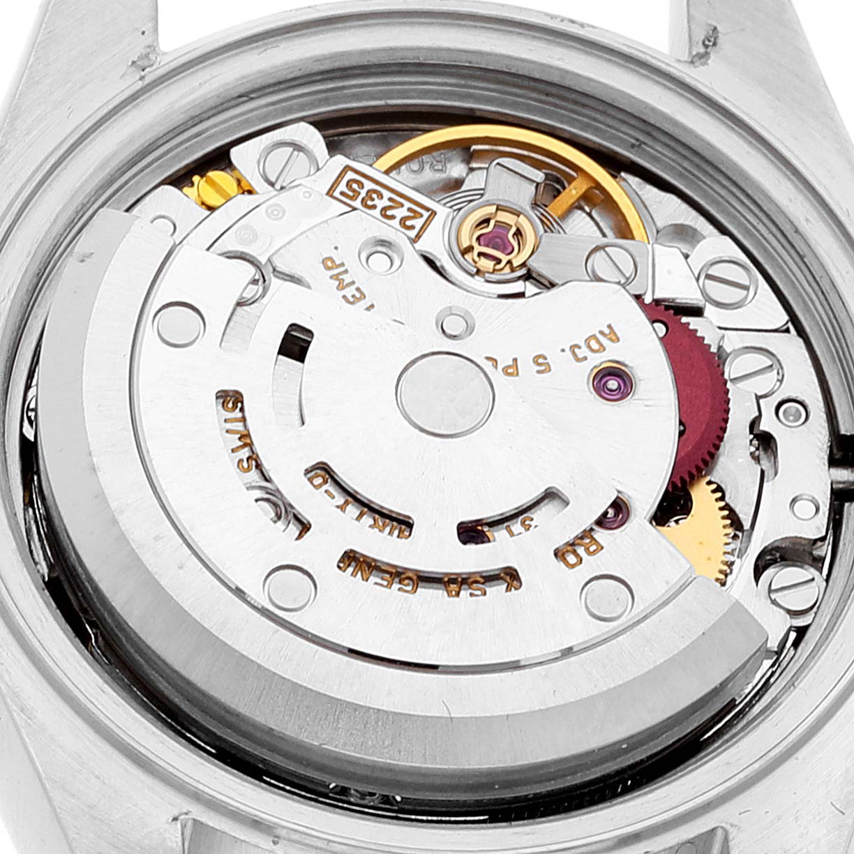 This image shows the internal mechanism (movement) of a Rolex Datejust 79173 Women's Steel and Gold (two tone) White Dial 79173 Women's Steel and Gold (two tone) White Dial watch viewed from the back.