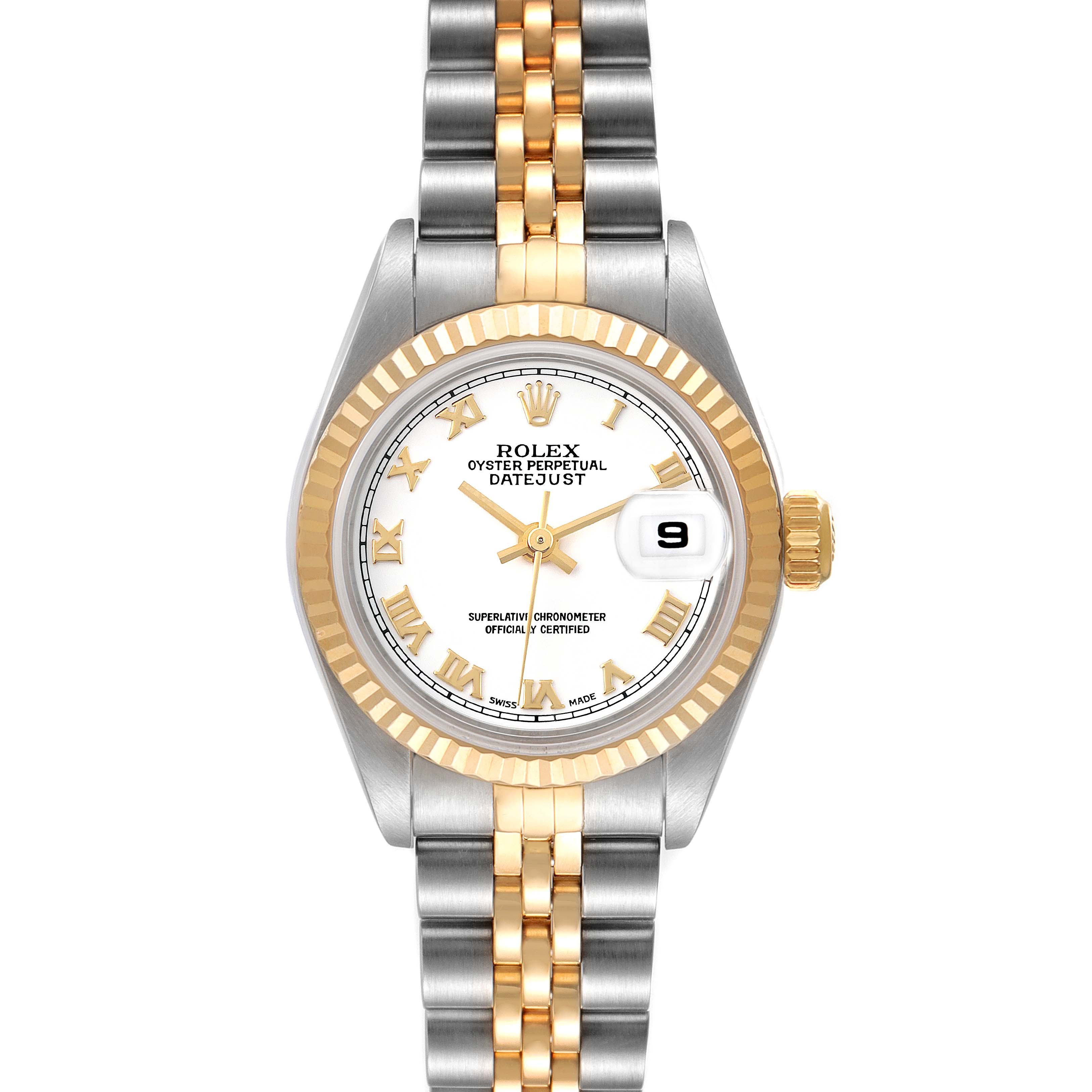 The image shows a frontal view of a Rolex Datejust 79173 Women's Steel and Gold (two tone) White Dial 79173 Women's Steel and Gold (two tone) White Dial watch, highlighting its two-tone bracelet, fluted bezel, and white dial with a date window.